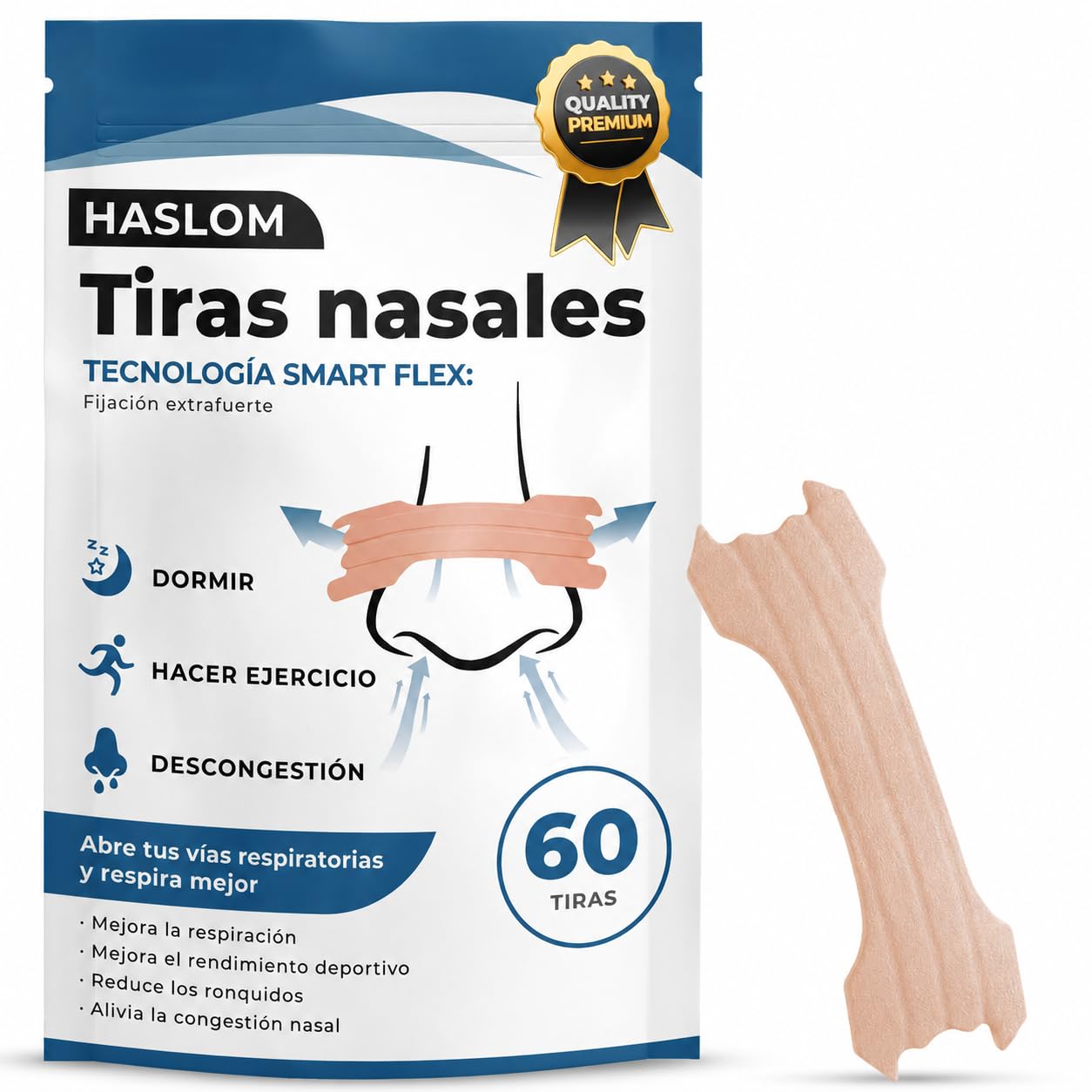 Tiras Nasales para Dormir Antirronquidos Deportivas - HASLOM - Tiritas Nariz Respirar Mejor Tira Nasal Dilatador Nasal Nose Strips Nasal Strips Anti Ronquidos - 60 Unidades 2 meses