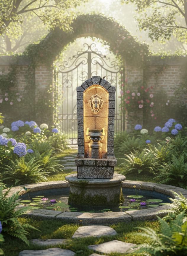Image of 3.5ft Mini Lion Water Fountain for Home Decor | Indoor Tabletop Office | Lawn Balcony | Gift Gifting with LED Lights Water Pump | Lion Water Fountain(Brown)