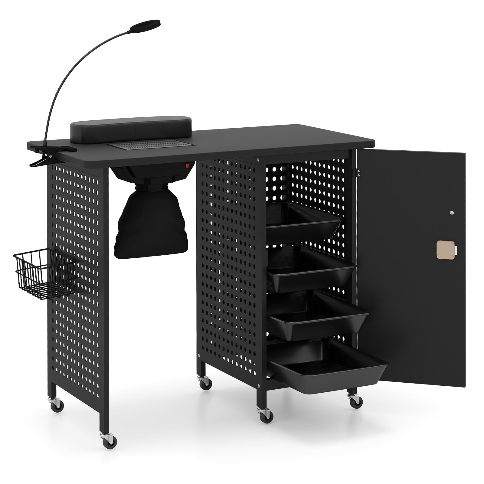 COSTWAY Tavolo Manicure con Aspiratore, Tavolo per Unghie con 6 Ruote Bloccabili, Sacchetti per Polvere, Armadio Chiudibile con 4 Vassoi, Poggiapolsi, Lampada LED e Cestino Metallico, 90x79x45cm