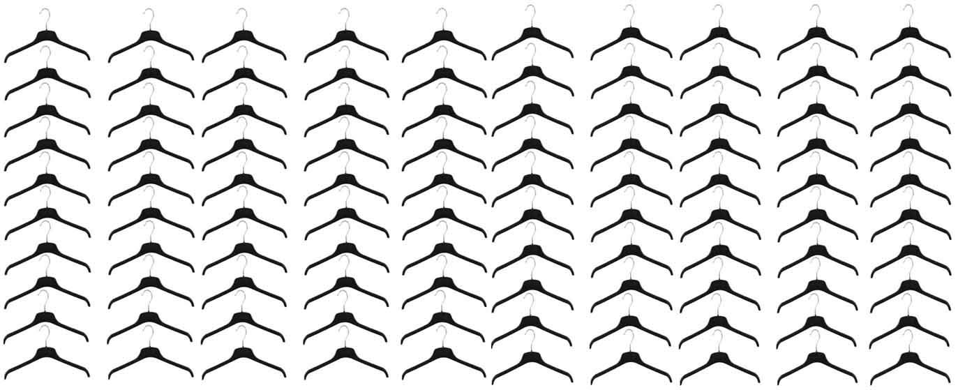 VR7 Pack of 100 Strong Black Adult Plastic Coat Clothes Hangers with Notches - 45cm (17.50inches) (Black, 100)