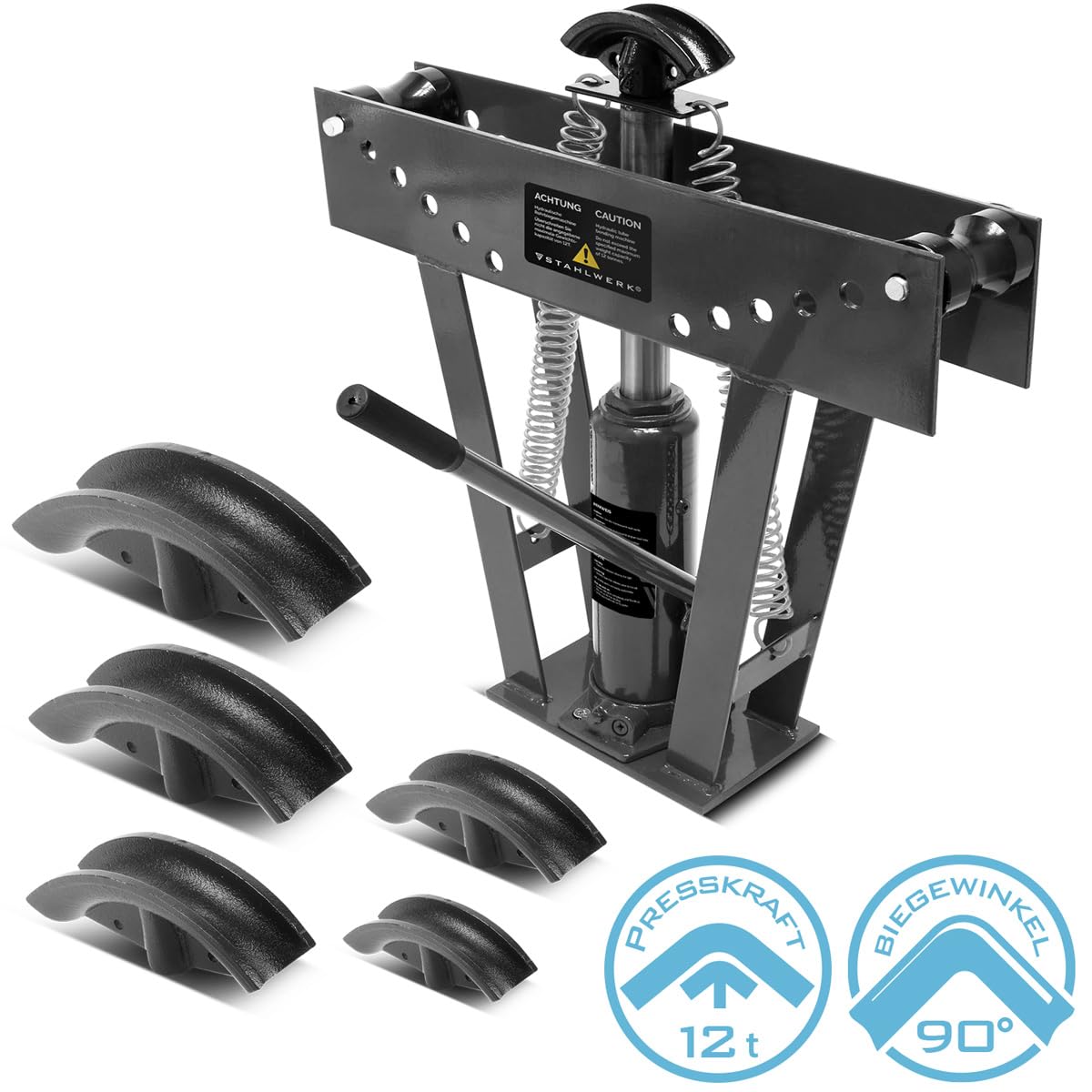 STAHLWERK Machine à cintrer des tuyaux jusqu'à 90° avec une force de presse hydraulique de 12 t | Cintreuse de tuyaux | Machine à cintrer | Appareil à cintrer avec 6 matrices pour le cintrage de