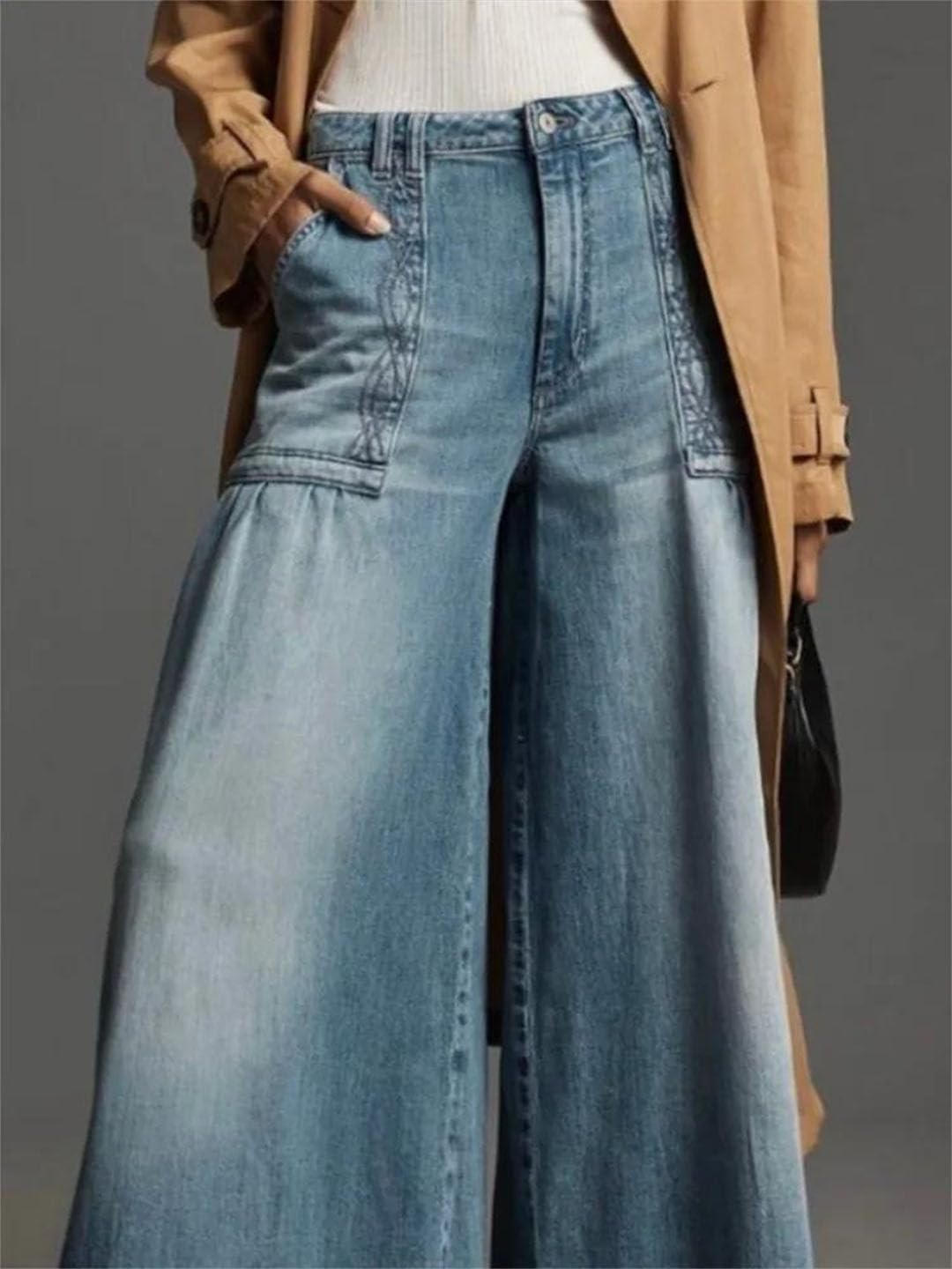 Women Blue Wide Leg Jeans High Waist Pleated Loose Fit Full Length Casual Trousers