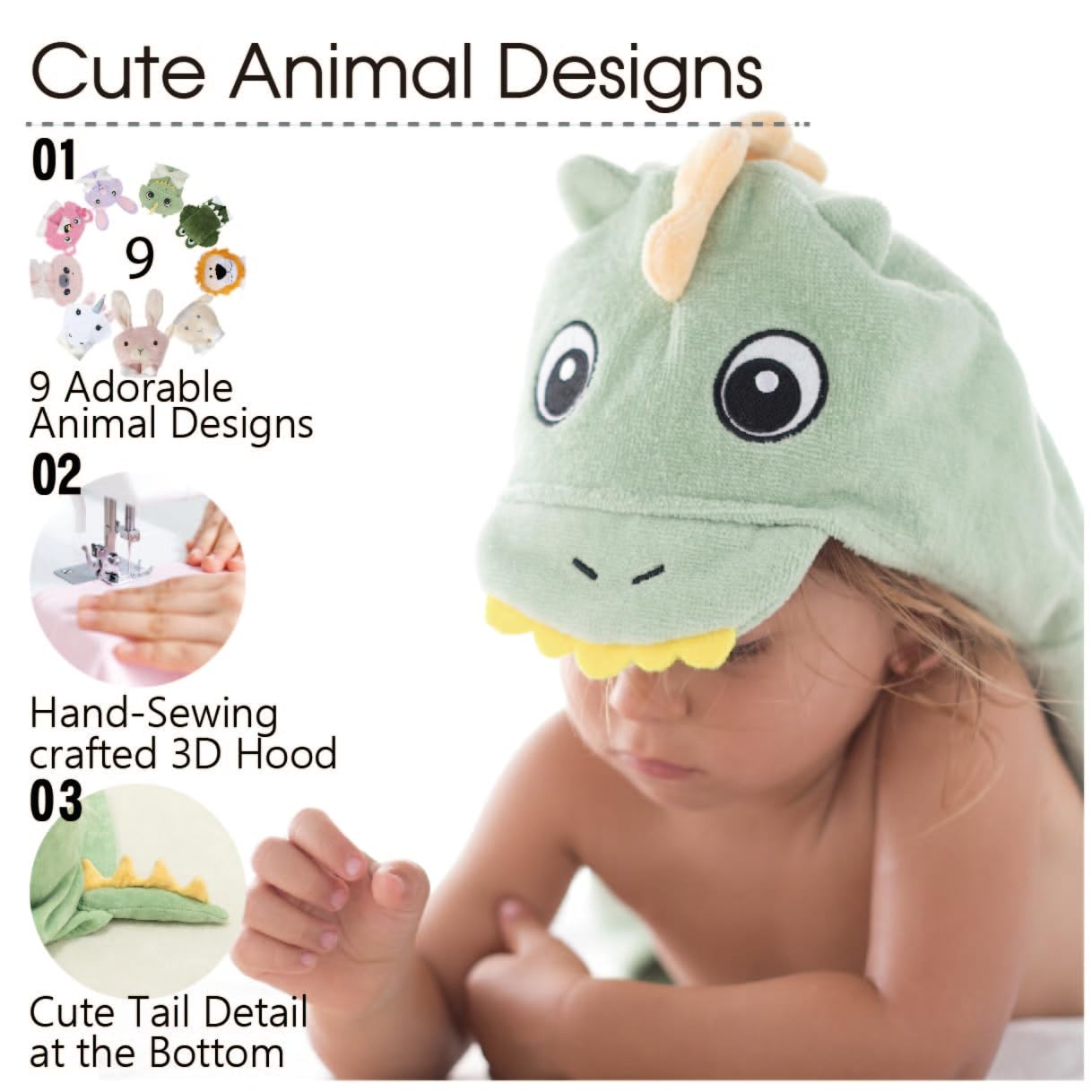 DEIGO Animal Hooded Towel for Newborn to Toddler - Baby Must Haves - Ideal Registry for Baby Boy and Girl Gifts - Dino, YL Green, 23.6 Inch×32.3 Inch