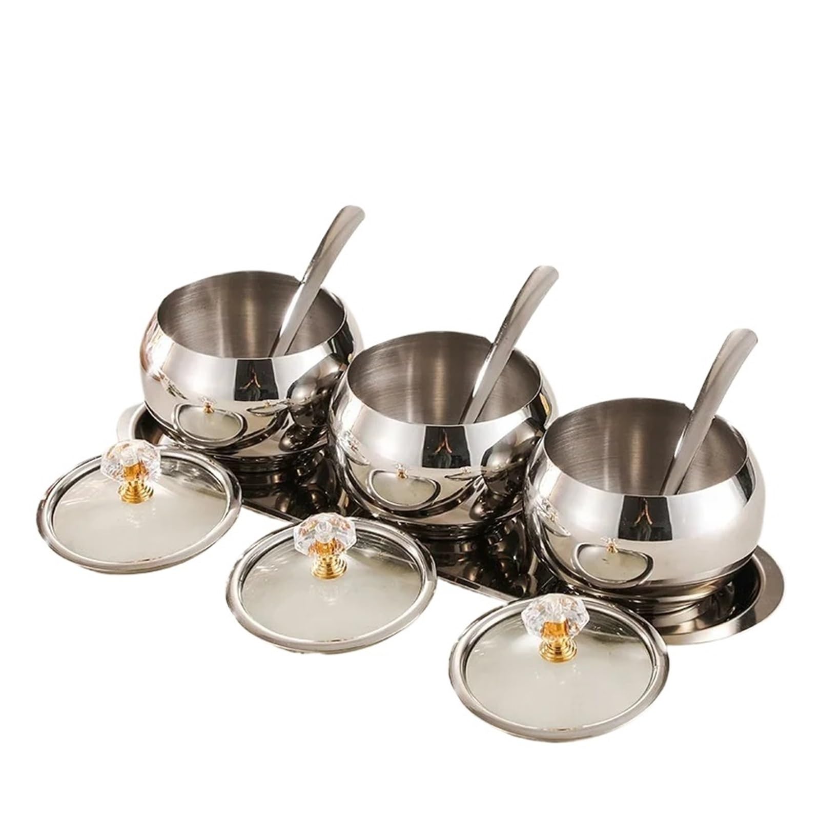 HYFEUOKF 304 Stainless Steel Condiment Set With Lid Spoon Tray Kitchen Spice Storage Containers For Sugar Pepper Salt(Silver)