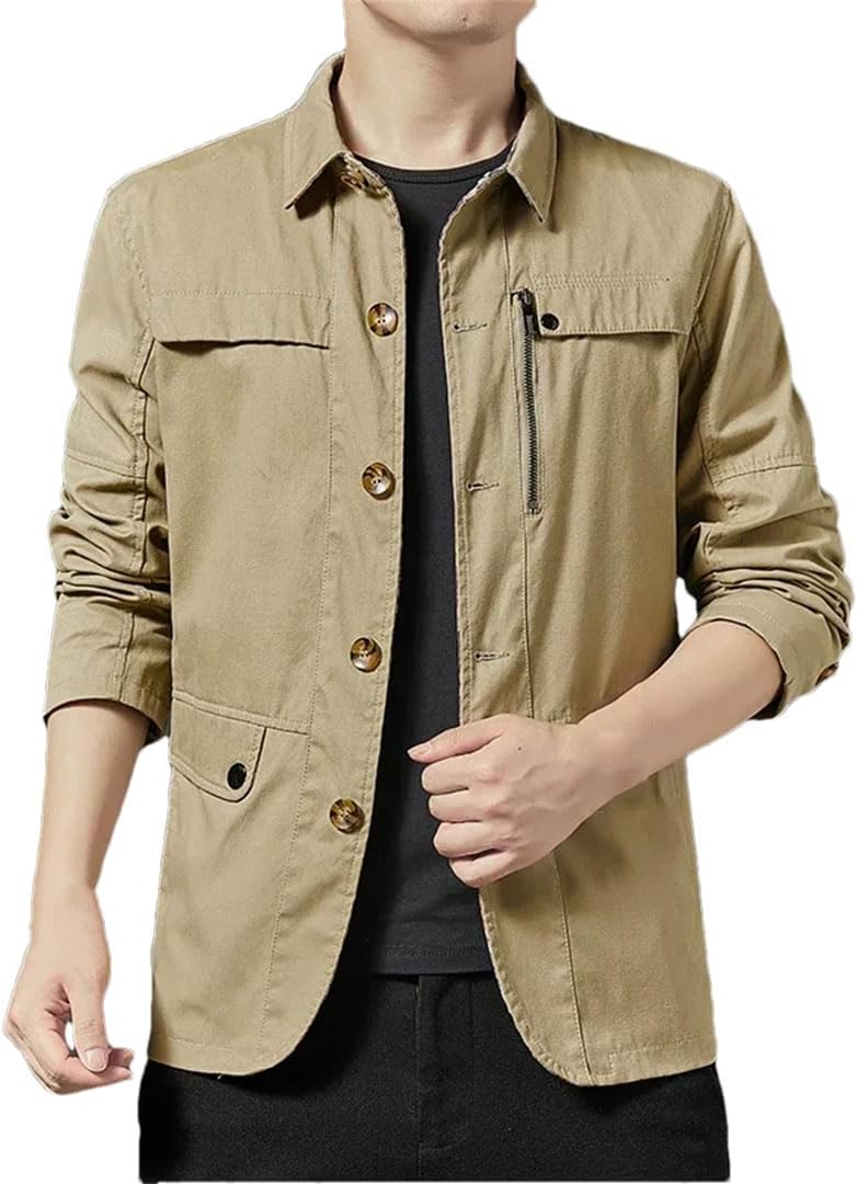 Disimlarl Men Casual Cargo Windbreaker Jackets Slim Fit Cotton Single Breasted Outwear Lapel Cottons Jackets Coat