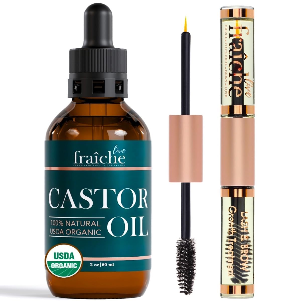 Live Fraiche Castor Oil (59ml) + Custom Mascara Tube USDA Certified Organic, 100% Pure, Cold Pressed, Hexane Free by . Stimulate Growth for Eyelashes, Eyebrows, Hair. Lash Growth Serum. Brow Treatment