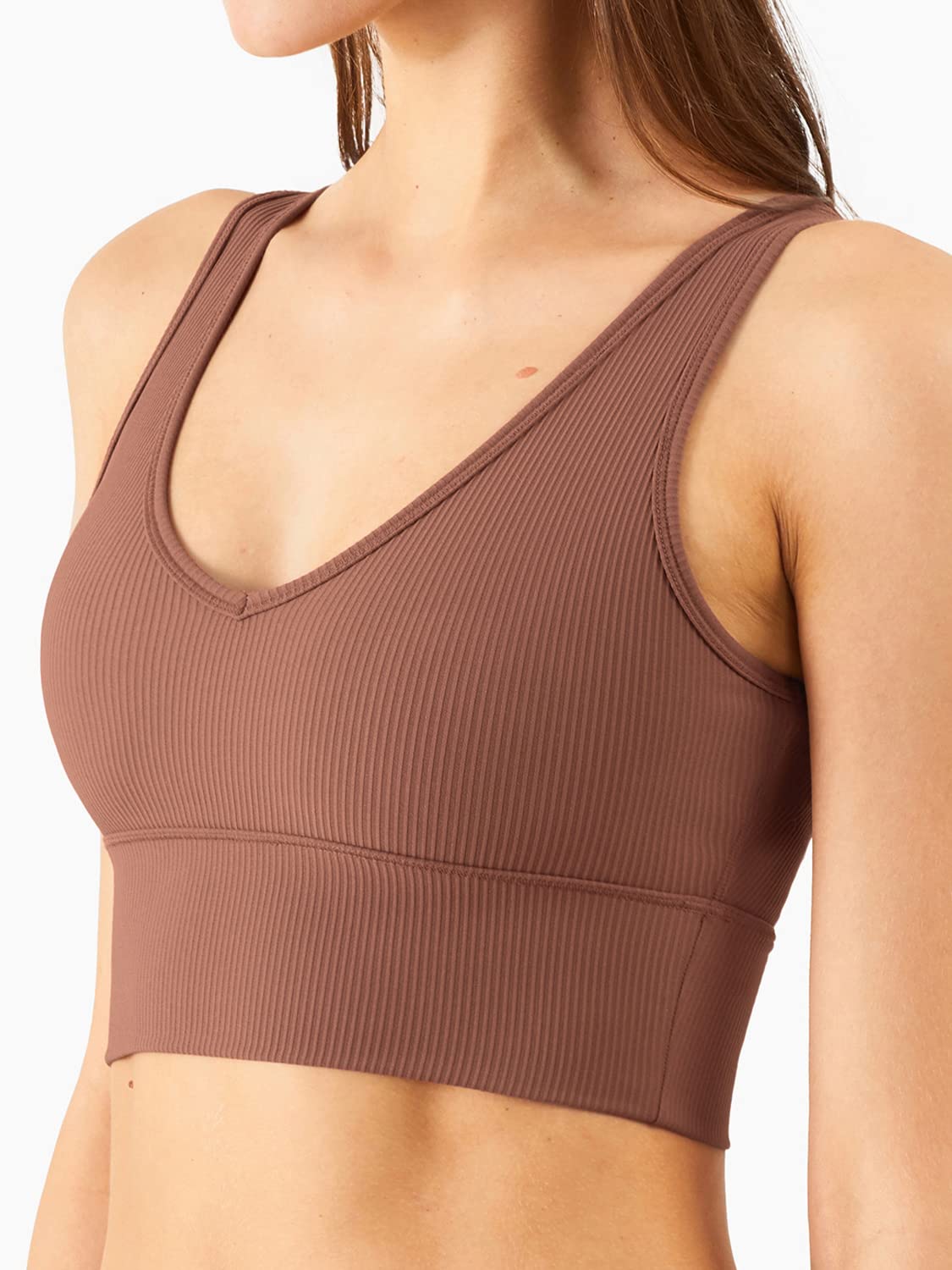 Longline Reggiseno Sportivo Canotta Reggiseno Top per le Donne Senza Soluzione di continuità Reggiseno Sportivo a Costine Top di Allenamento Imbottito Crop Top, U-bronzo, L