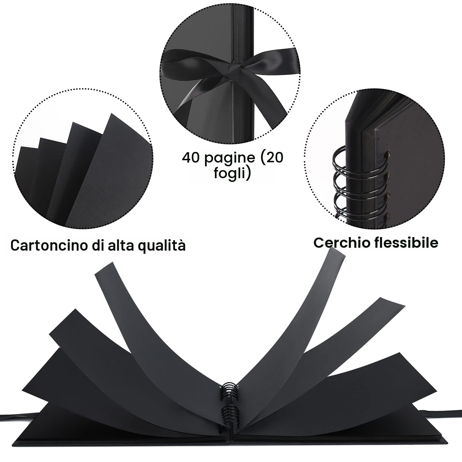 Vienrose Album Fotografico Fai da Te Spirale Scrapbooking 40 Pagine 24x17 cm, Personalizzabile e Resistente, Regalo di Nozze, Battesimo, Anniversario e Ricordi di Famiglia, Nero