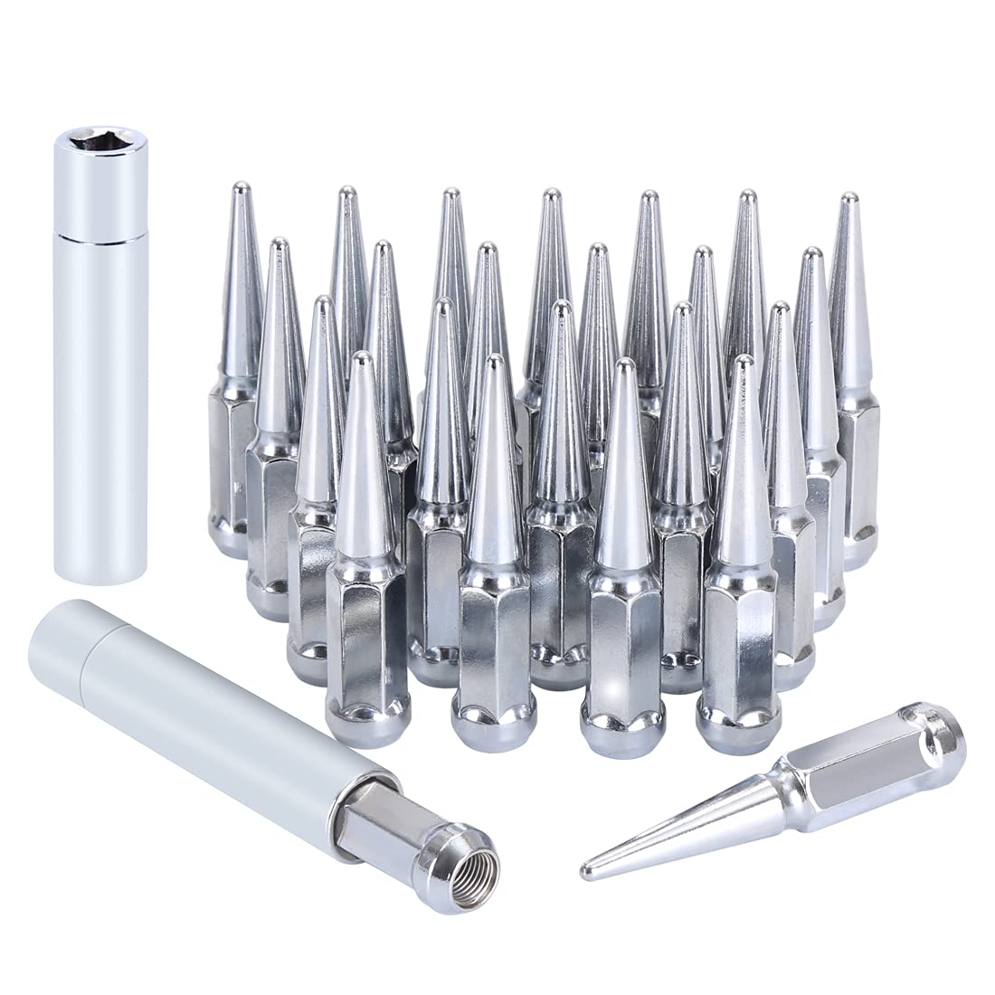 M14x1.5 Lug Nuts 14x1.5 Spike Lug Nuts M14 x 1.5 Spiked Lug Nut Chrome Set of 24 with 2 Socket Keys 19mm Hex 4.4" Tall 14mmx1.5 Bullet Lug Nuts Wheel