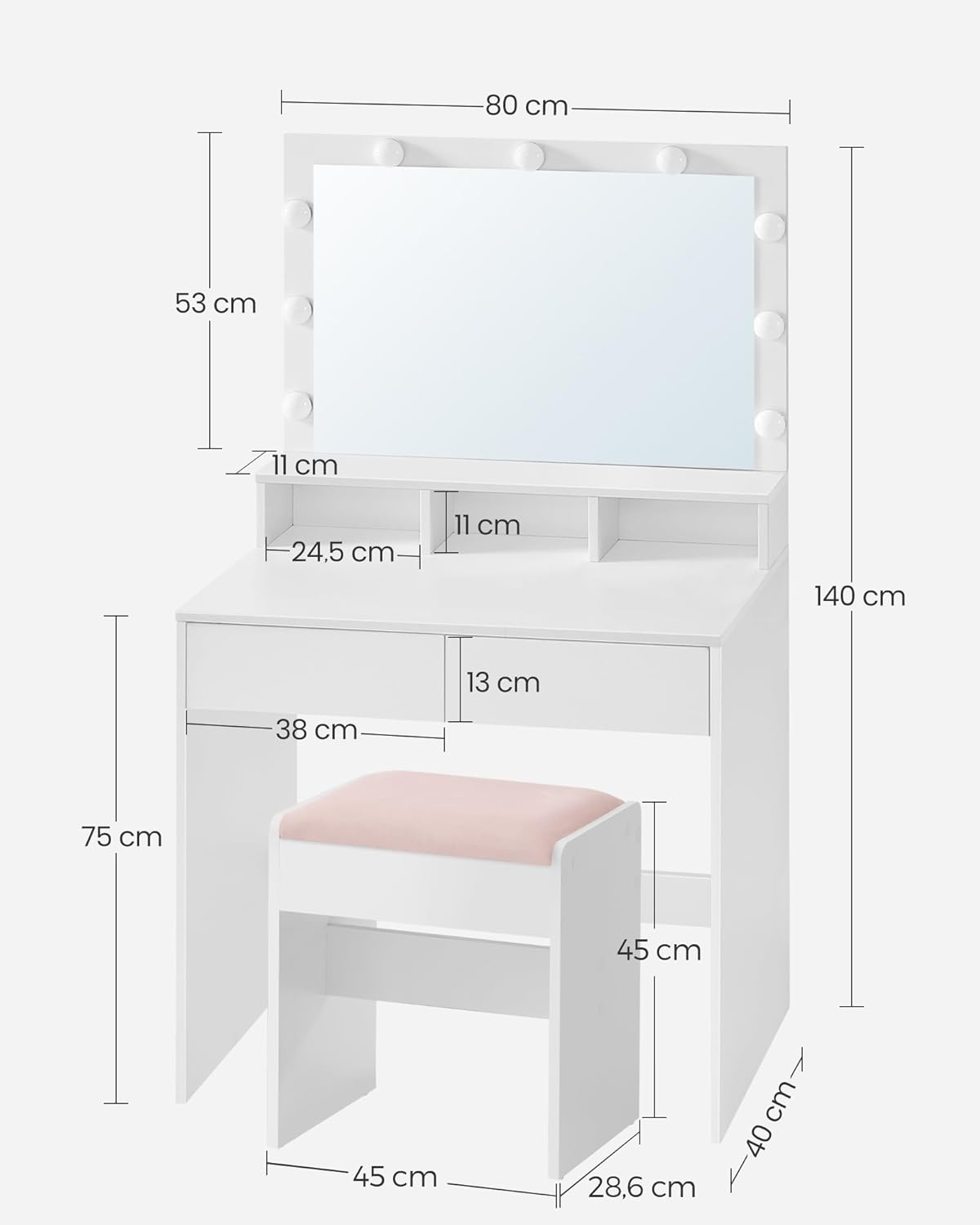 Dimensions of the VASAGLE Dressing Table RDT120T10