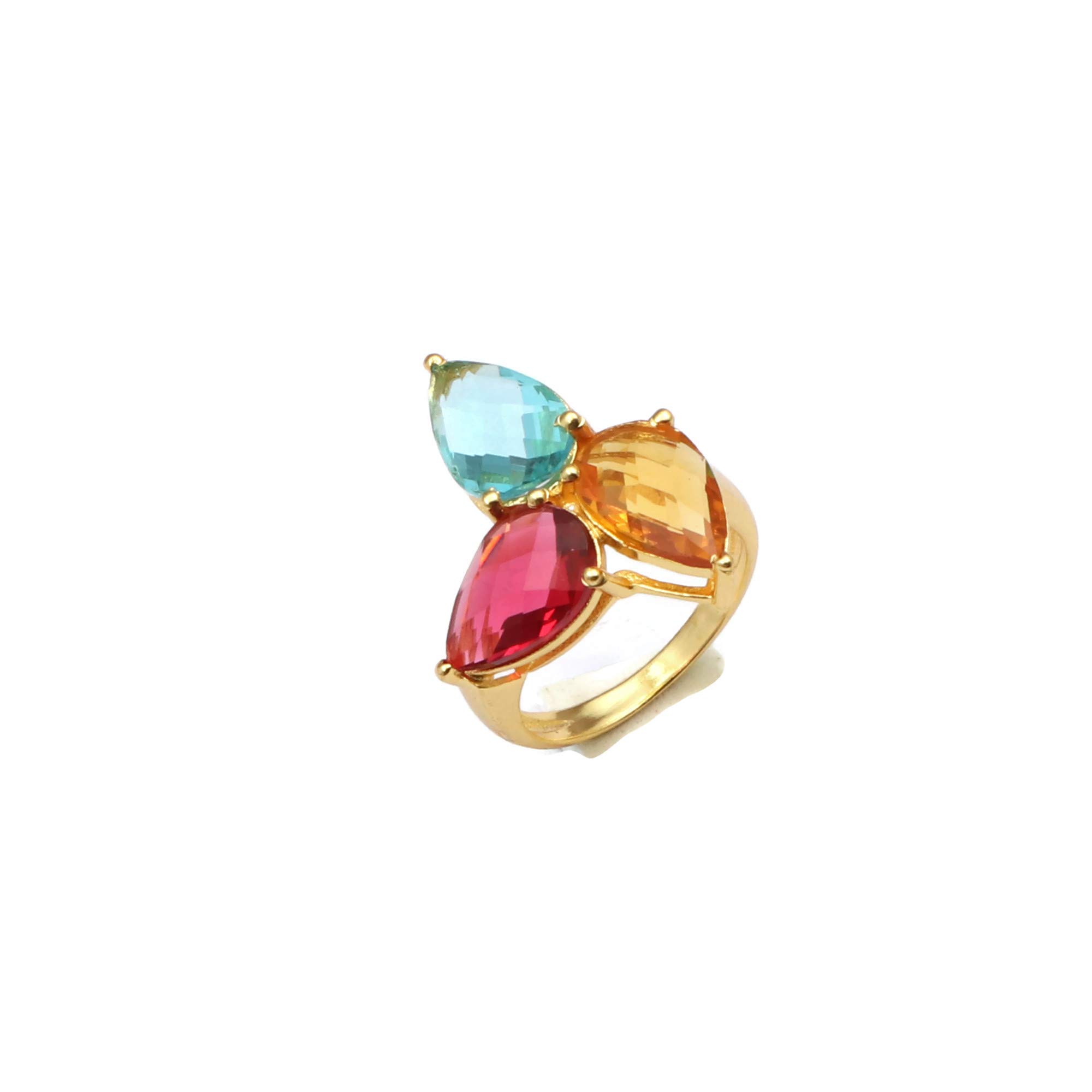 El Joyero Anillo de corte de rosa con piedras preciosas en forma de pera | Anillo hecho a mano con topacio azul, rosa fucsia y citrino, chapado en oro, regalo para ella, joyería de anillo 1066) 8F