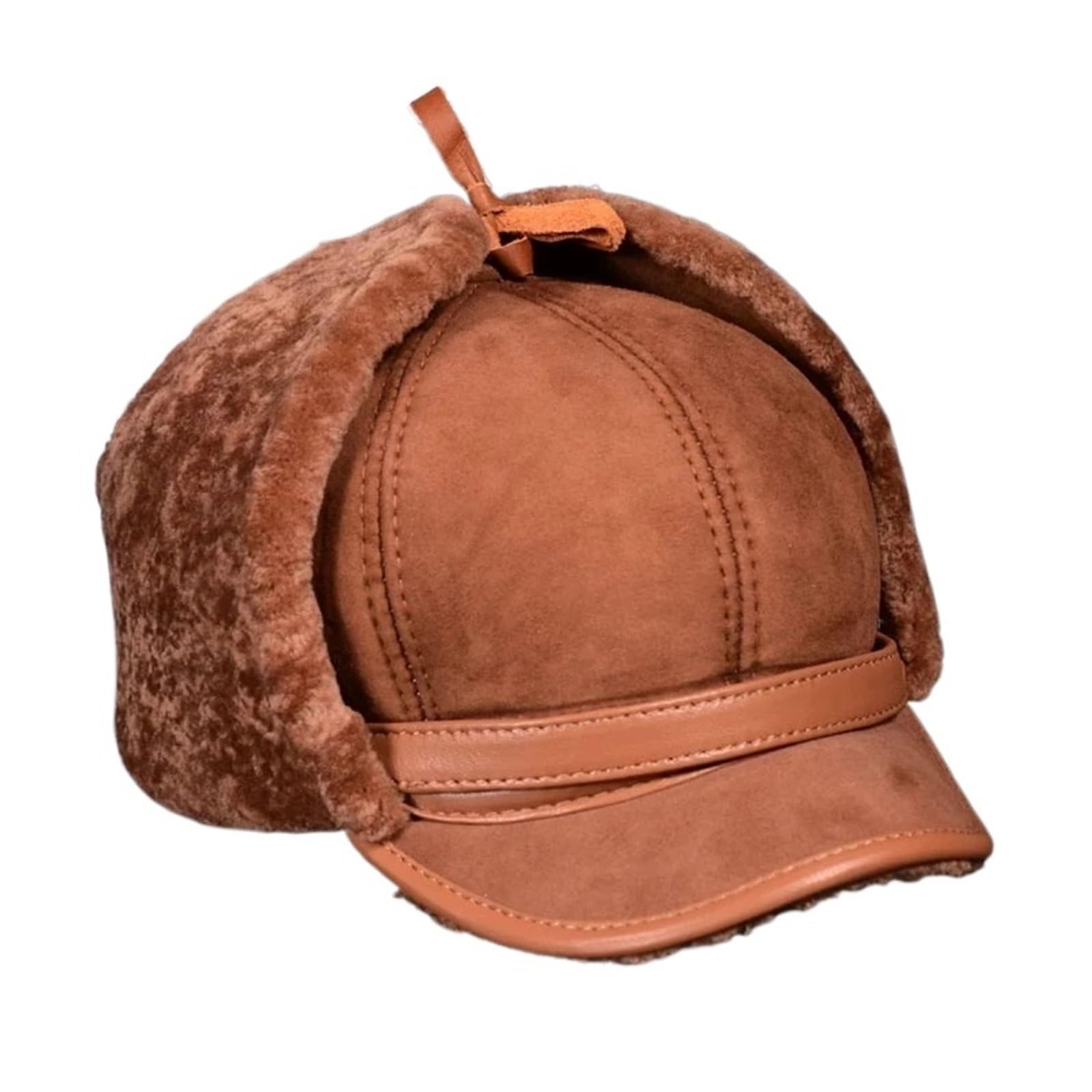 Hombre Cuero Real Lana Completa Piel de Cabra un Bombardero Sombreros Hombre Polar cálido Gorras marrón/Azul Oscuro capó de Motocicleta