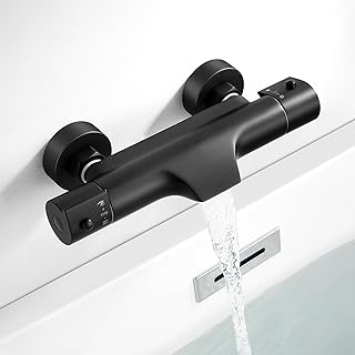 Wasserfall Badewannenarmatur mit Thermostat Schwarz, Thermostat Duscharmatur 2 Auslässen für Badewanne, Mischbatterie Dusche Badewanne mit 38 °C Sicherheitstaste, 150mm