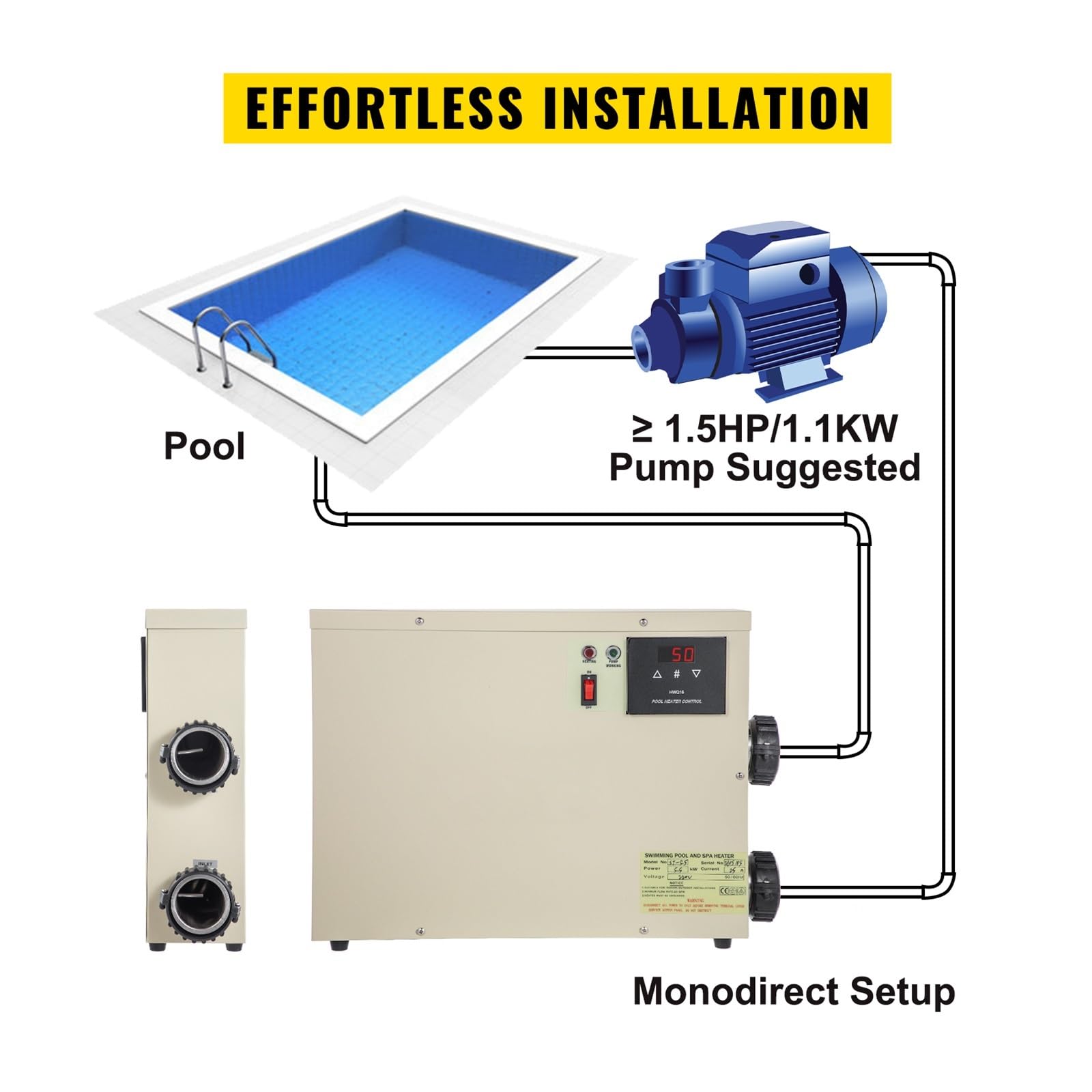 Riscaldatore per piscina Termostato for scaldabagno digitale elettrico 11KW Riscaldatore for piscina SPA Vasca idromassaggio Riscaldamento for vasca Temperatura regolabile Pompa di calore per piscina