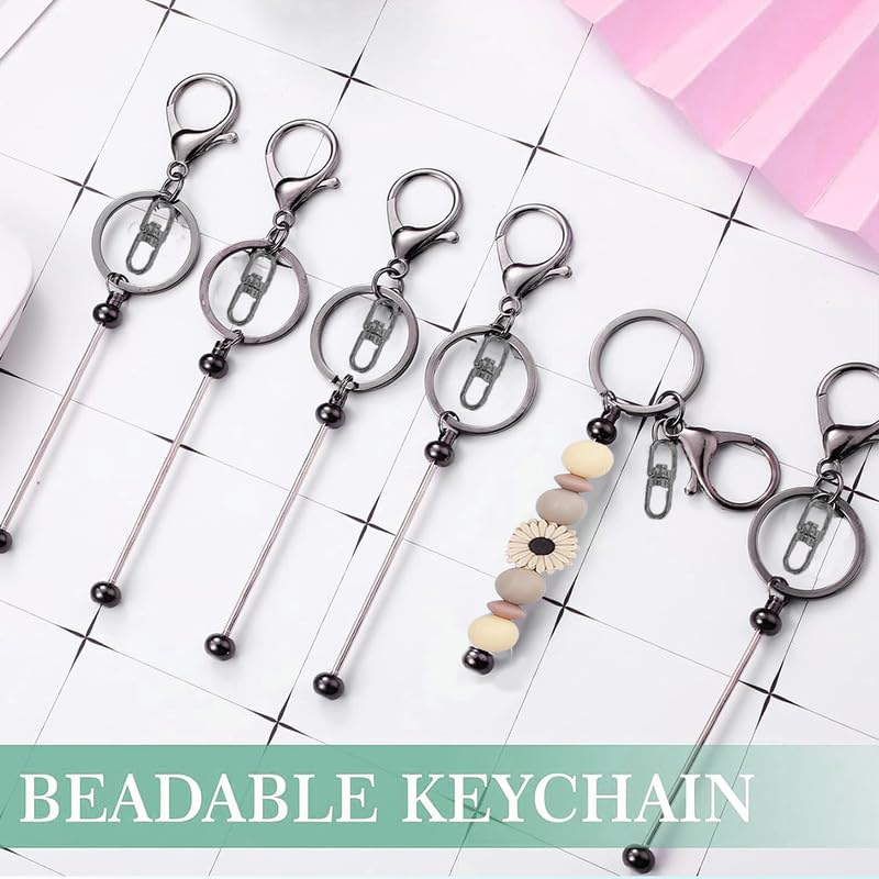 50pcs Blank Beadable Keychain Bars,Metal DIY Bead Keychain Bar Charms Easy To Detachable Beaded Key For Craft Item