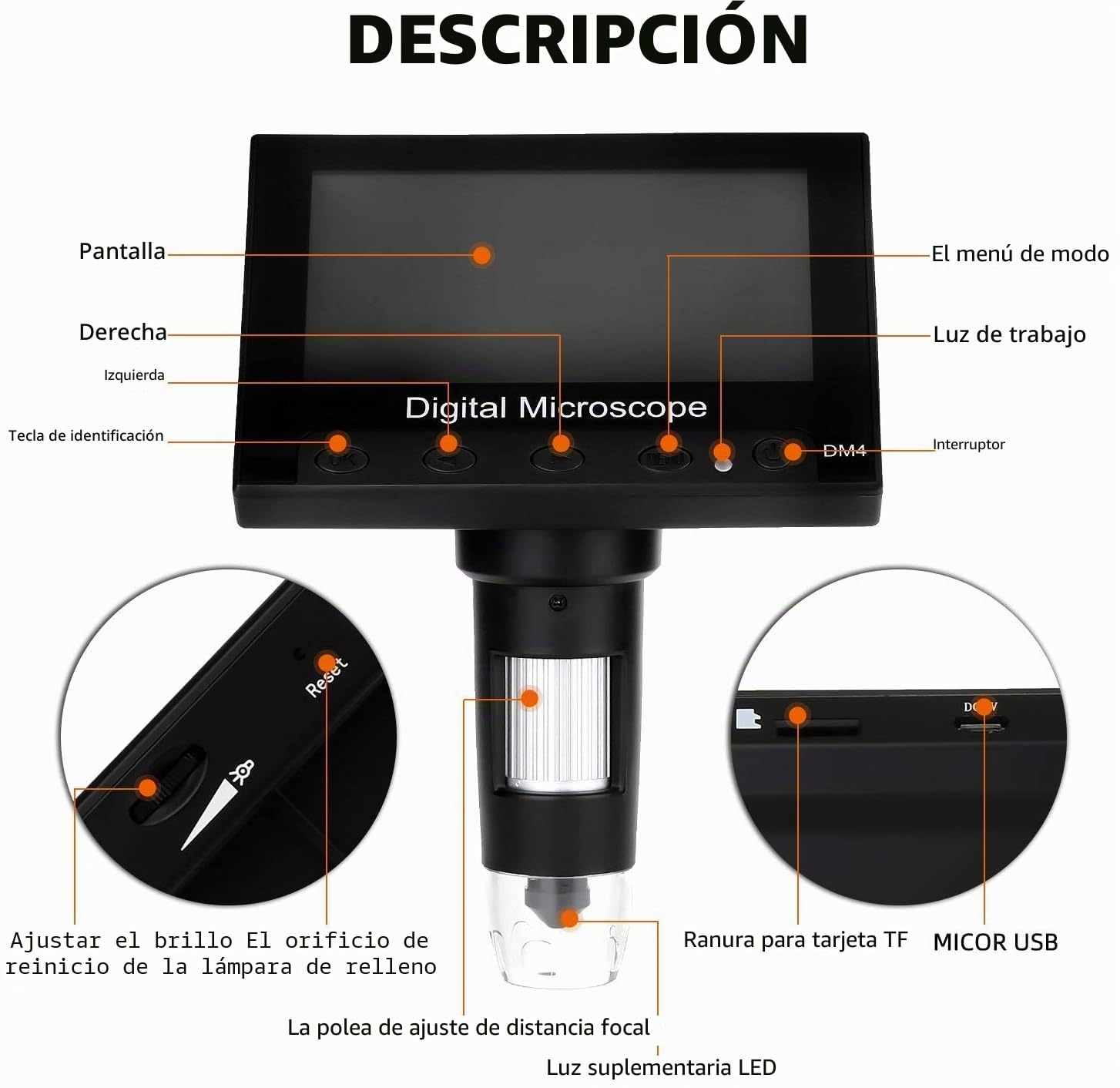 WADEO Microscopio Digital LCD de 4,3 Microscopio Portátil con Vista de PC 1000X, Incluye Tarjeta de 32 GB, con 8 LED y Soporte metálico, Compatible con MacOS y Windows, para Trabajos Reparaciones