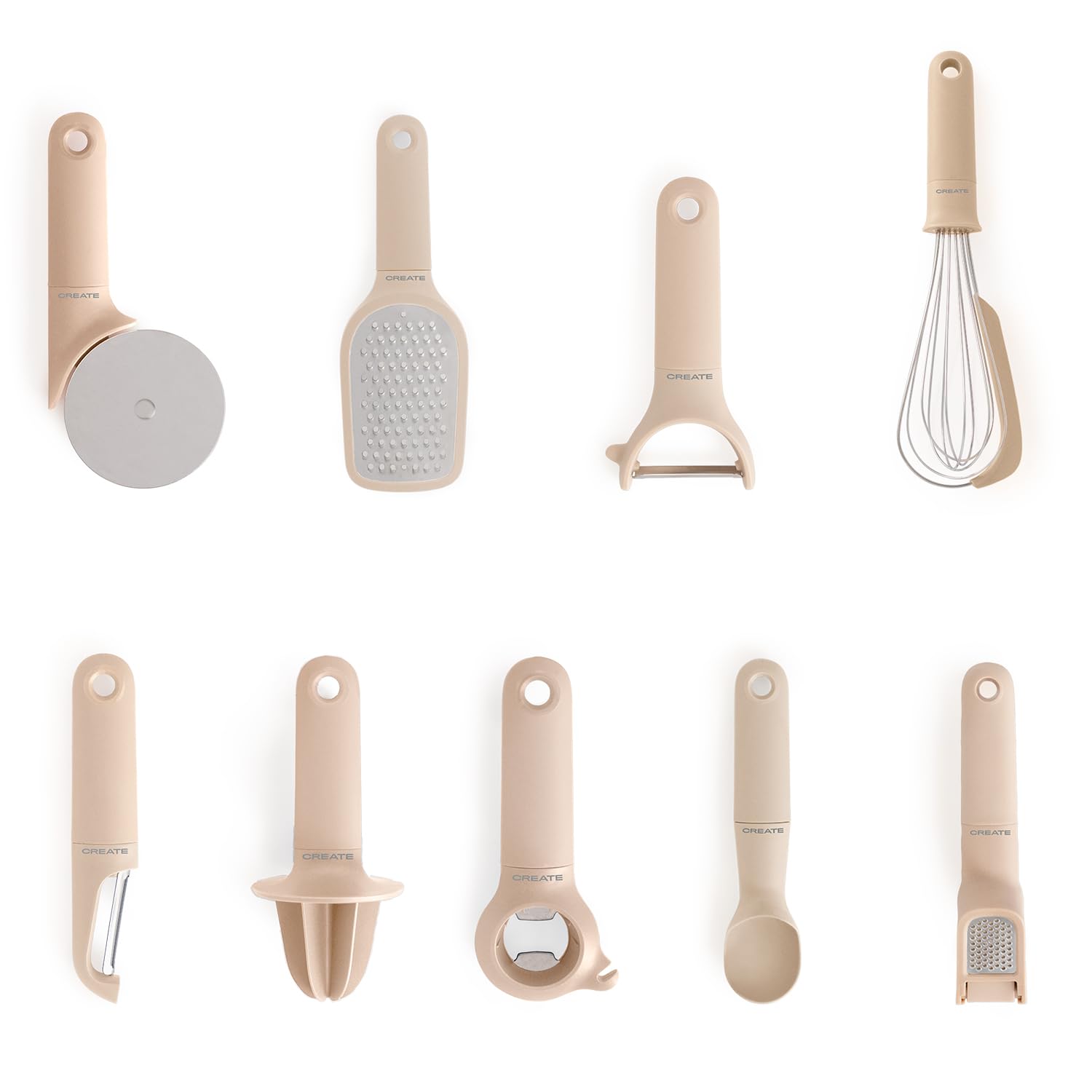 Pack de 9 utensilios de cocina arena juego completo con batidor de mano rallador y pelador CREATE