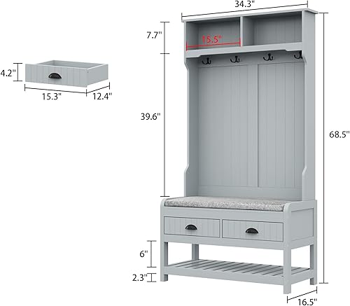 Miniatura 7 de AIEGLE Árbol de entrada gris con perchero y banco de zapatos, árbol de pasillo 4 en 1 con 2 cajones, 4 ganchos colgantes y estantes de