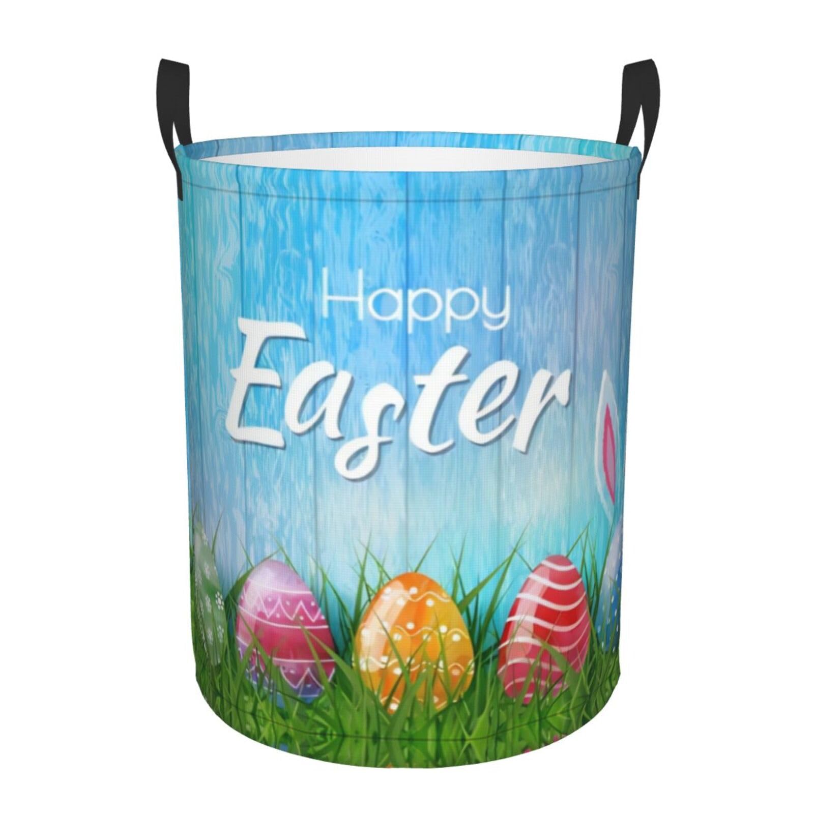M Circular Hamper Easter Egg Bunny Grass Wooden Print Storage Basket for Home