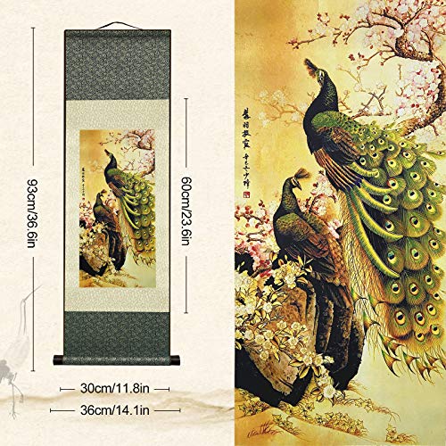 Atfart Asian Wall Decor Beautiful Silk Scroll Painting Birds - Peacock - Cuiyu Pixia Oriental Decor Chinese Art Wall Scroll Wall Hanging Painting Scroll (39 X 12 In) #TOP1