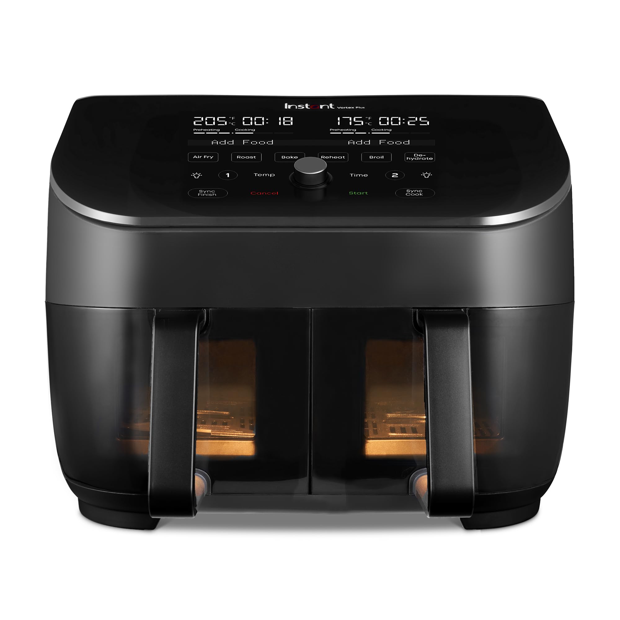 Instant Vortex Plus Doppelkorb mit ClearCook - 7.6L Digitale Heißluftfritteuse, Schwarz, 8-in-1 Smarte Programme , Backen,Braten, Grillen, Dehydrieren, Aufwärmen, XL Kapazität -1700W,Schwarz - 7.6l
