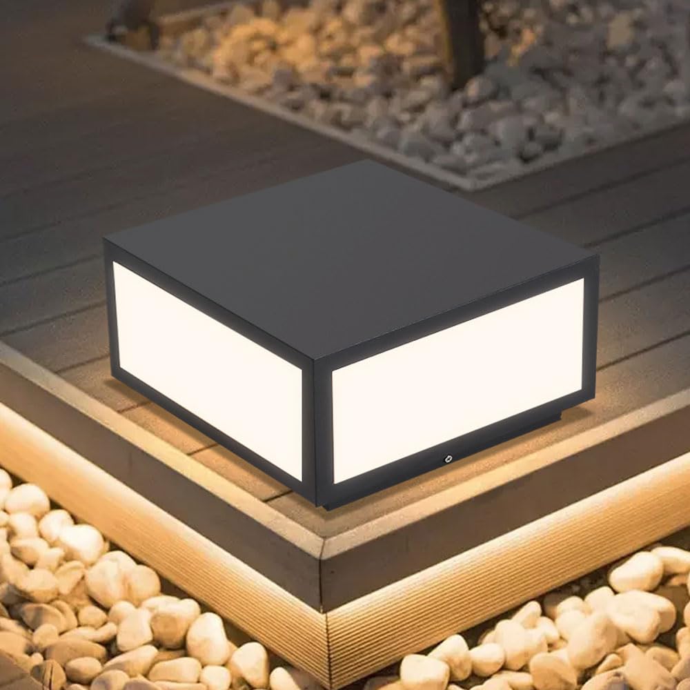YVAMNAD Outdoor Post Caps Lights Modern Hardwired Column Caps Lights Modern Fence Deck Cap Lamp Lantern Black Square Landscape Lighting Outside Waterproof Housing Pillar Lamps For Flat Surface Patio P
