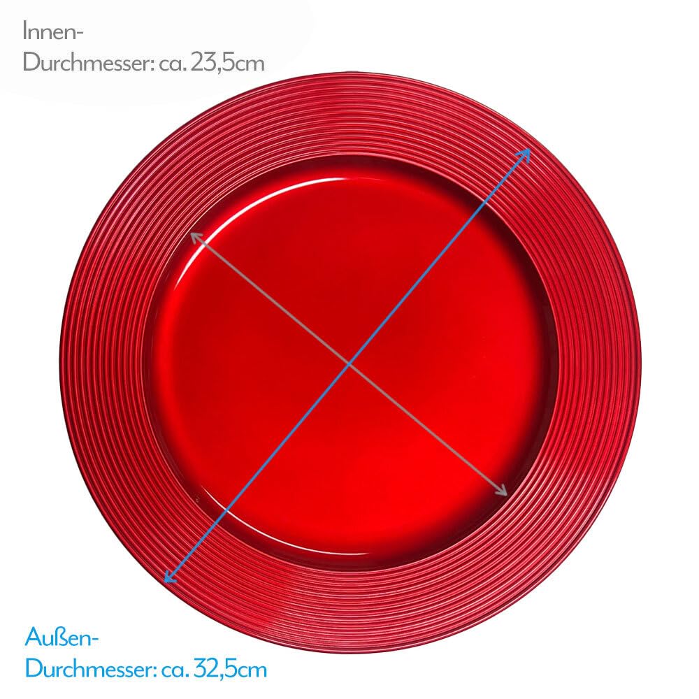 Murago - 6er Set Platzteller ca. 33cm Kunststoff rot - glänzende Unterteller für Teller Dekoteller Kerzenteller Dekoration für Hochzeit Weihnachten Tischdeko