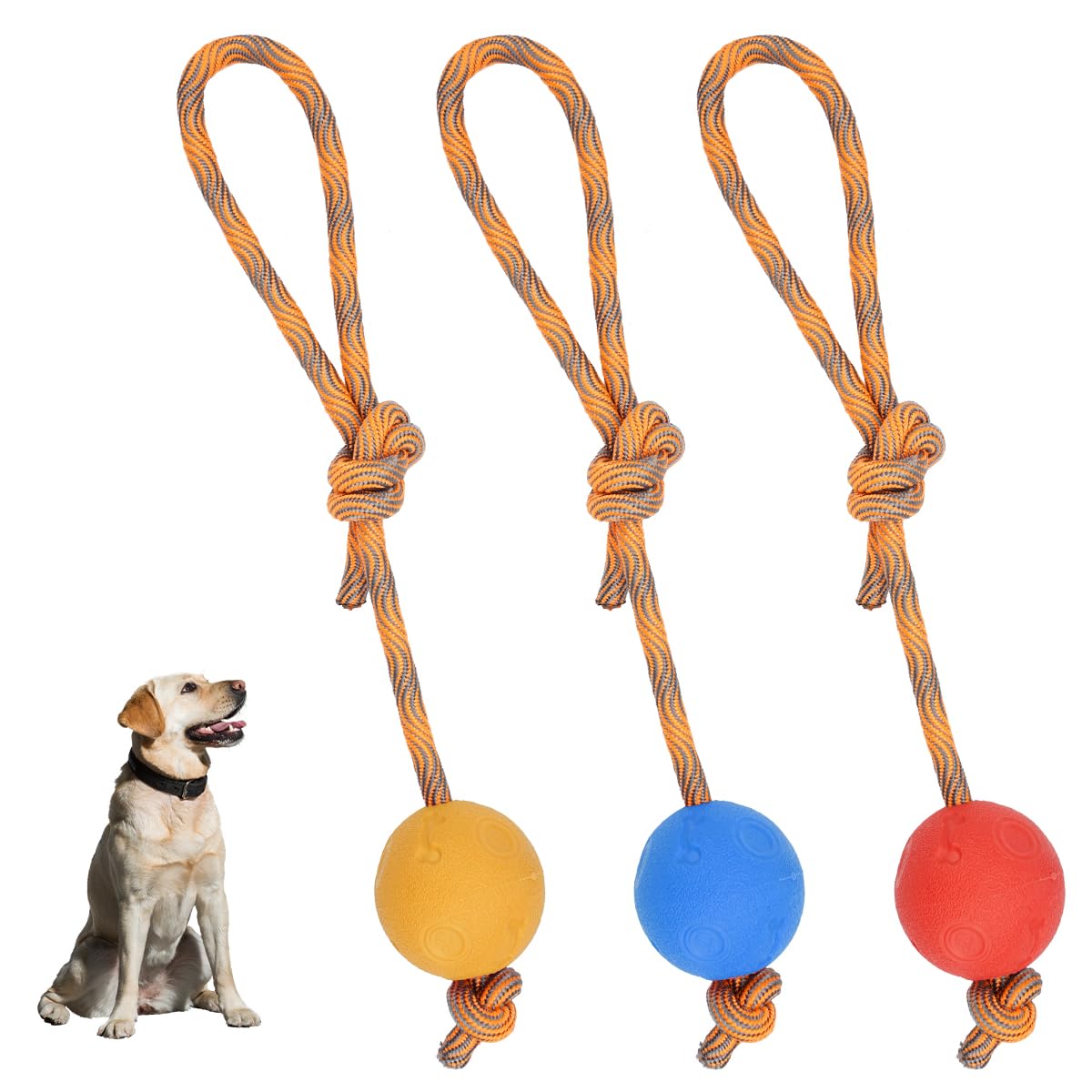 3 PCS Pelota con Cuerda, Pelota De Juguete para Perros con Cuerda, Pelota Perro Indestructible, Suave Y Flexible para Aumentar El Afecto De Tu Perro hacia Ti, Apto para Perros De Todos Los Tamaños