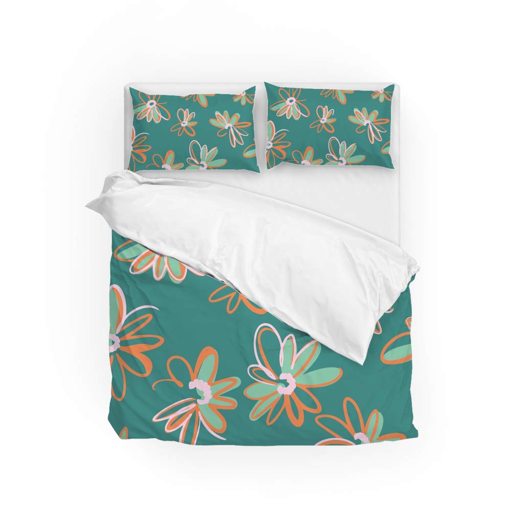 Housse de couette lit double avec taie d'oreiller parure de lit vert pâquerettes