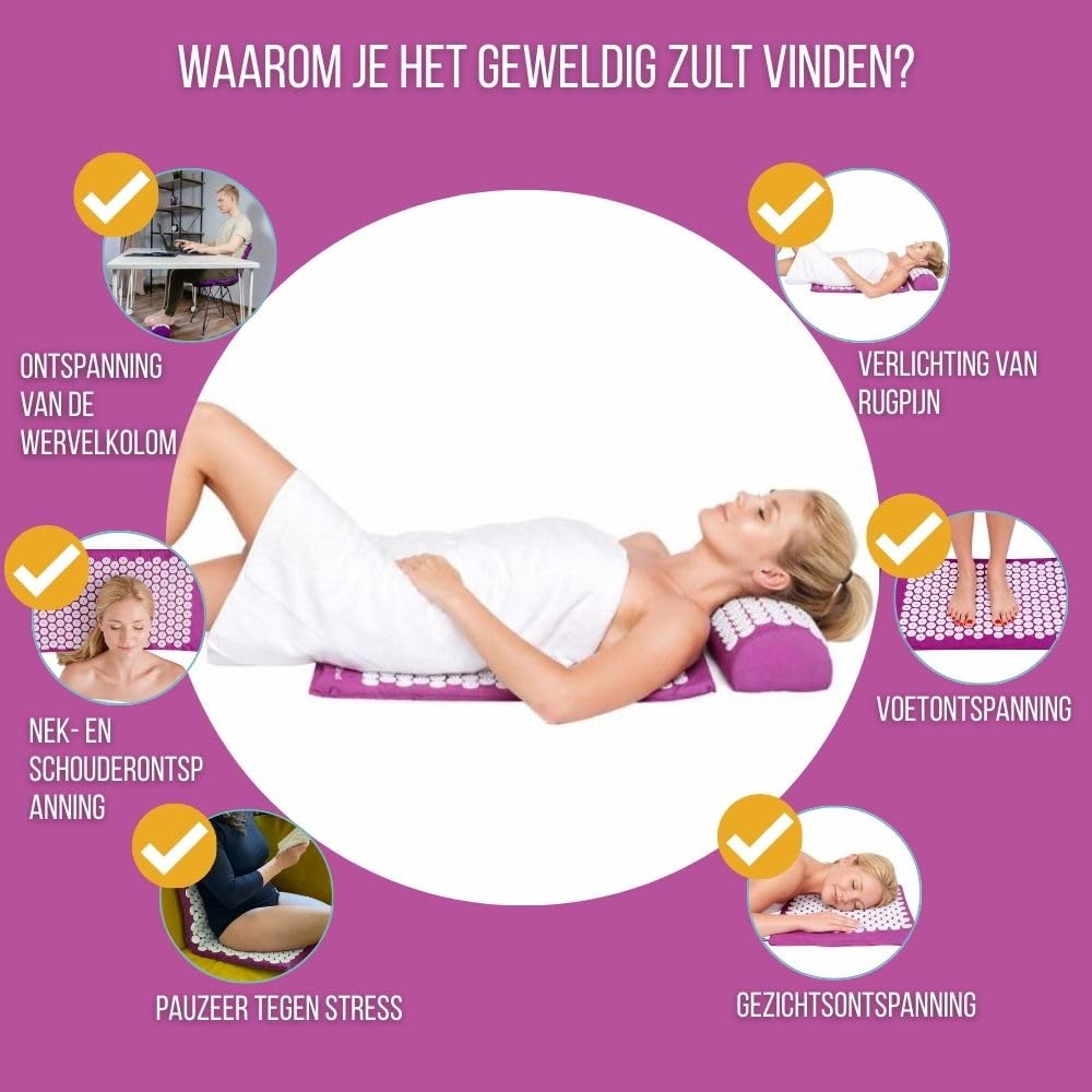 Inphysio - Kit d'Acupression avec Tapis et Coussin de Massage – Relaxation Musculaire, Soulagement du Dos et du Cou, Réduction de la Tension, Bien-Être Général, Hypoallergénique, Prune
