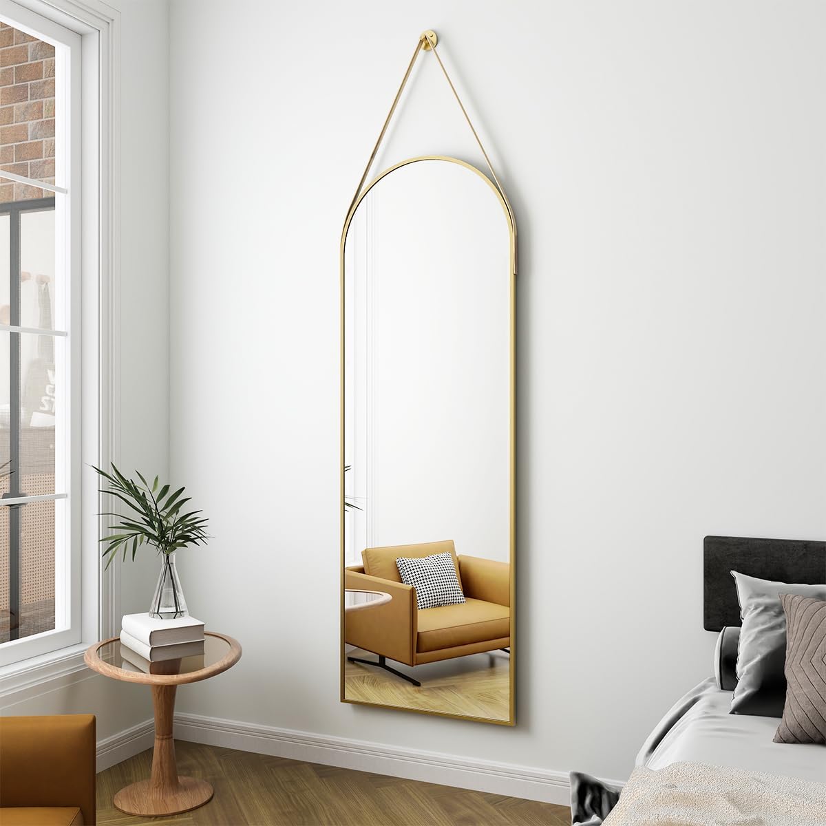 16''x48'' Full Length Mirror, Modern Arched Door Mirror Full Length with Hanging Leather Cord, Wall Mounted Decor with Hanging Leather Strap for Bathroom Vanity Living Room Bedroom Entrance, Gold