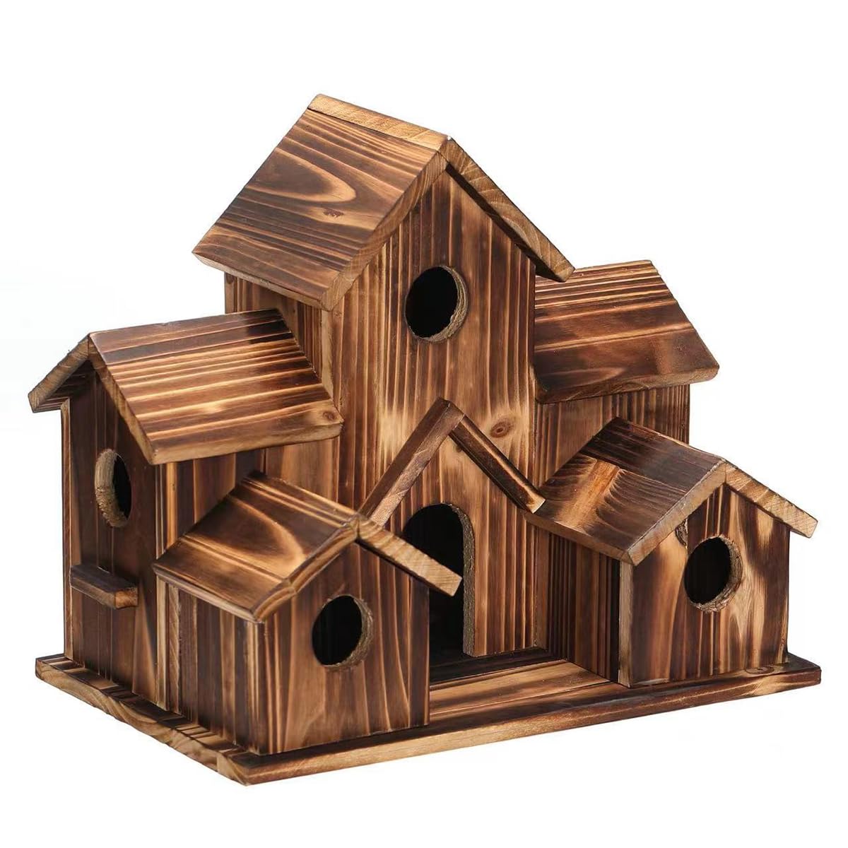 Multi-Bird Houses for Outside, Rustic Villa Style Birdhouse with 6 Entries Waterproof Wooden Nesting Box for Garden Patio