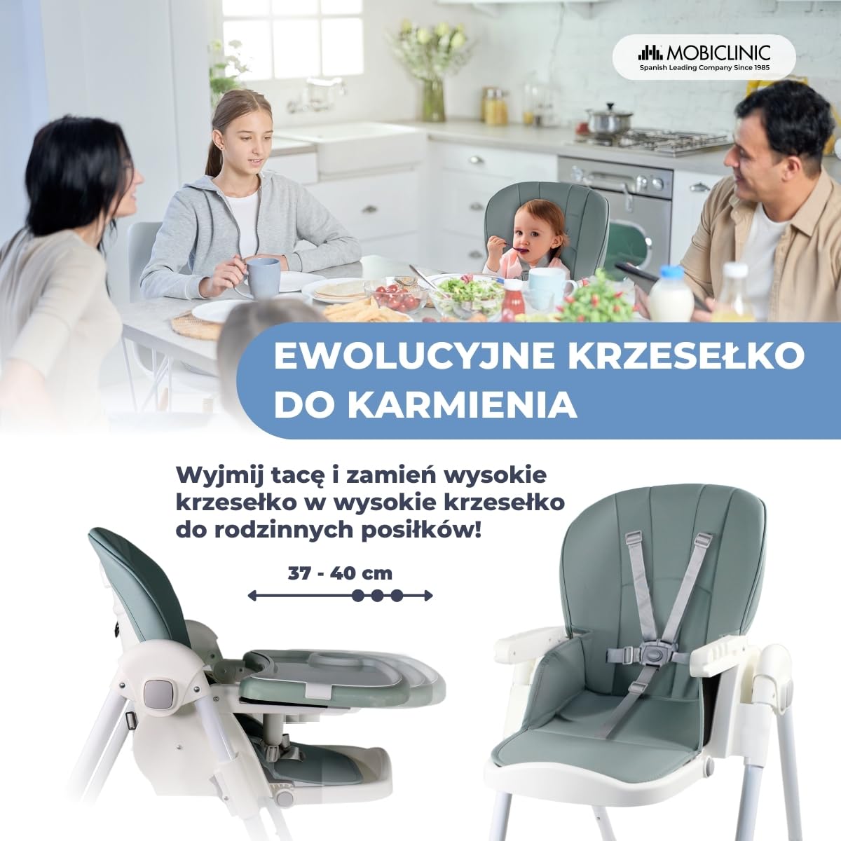 Mobiclinic®, Wysokie krzesełko dla dziecka, Evolutive, Dodatkowe składanie, Możliwość przekształcenia w wysokie krzesełko, Simba, 5-punktowe, Kółka z hamulcami, Podwójna wyjmowana tacka