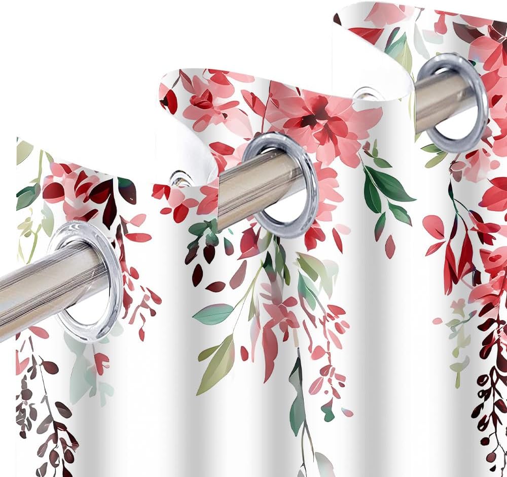 Red Watercolor Floral Curtains, Botanical Leaves Vine Flowers Curtain, Rustic Farmhouse Flower Leaf Blackout Window Treatment Drapes for Bedroom Living Room 52x63 inch, 2 Panels