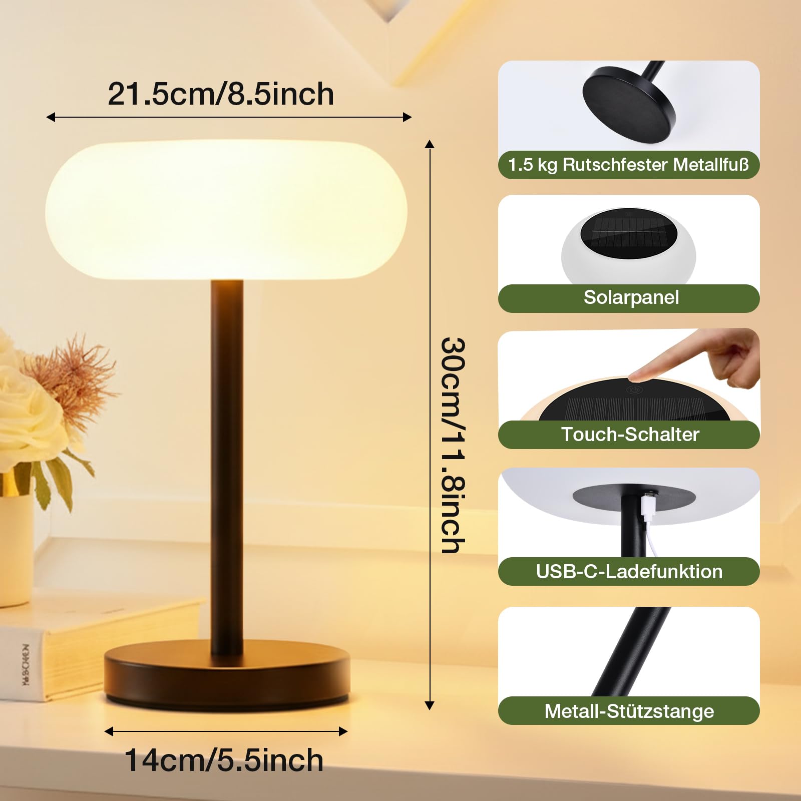 Rosnek 2er Solar LED Tischlampe Kabellos, 4000mAh Tischlampe Akku mit IP65 Wasserdicht & Timer, Intelligente Sensorik mit Fernbedienung, 3 Farbmodi & Stufenlos Dimmbar Tischleuchte für Garten