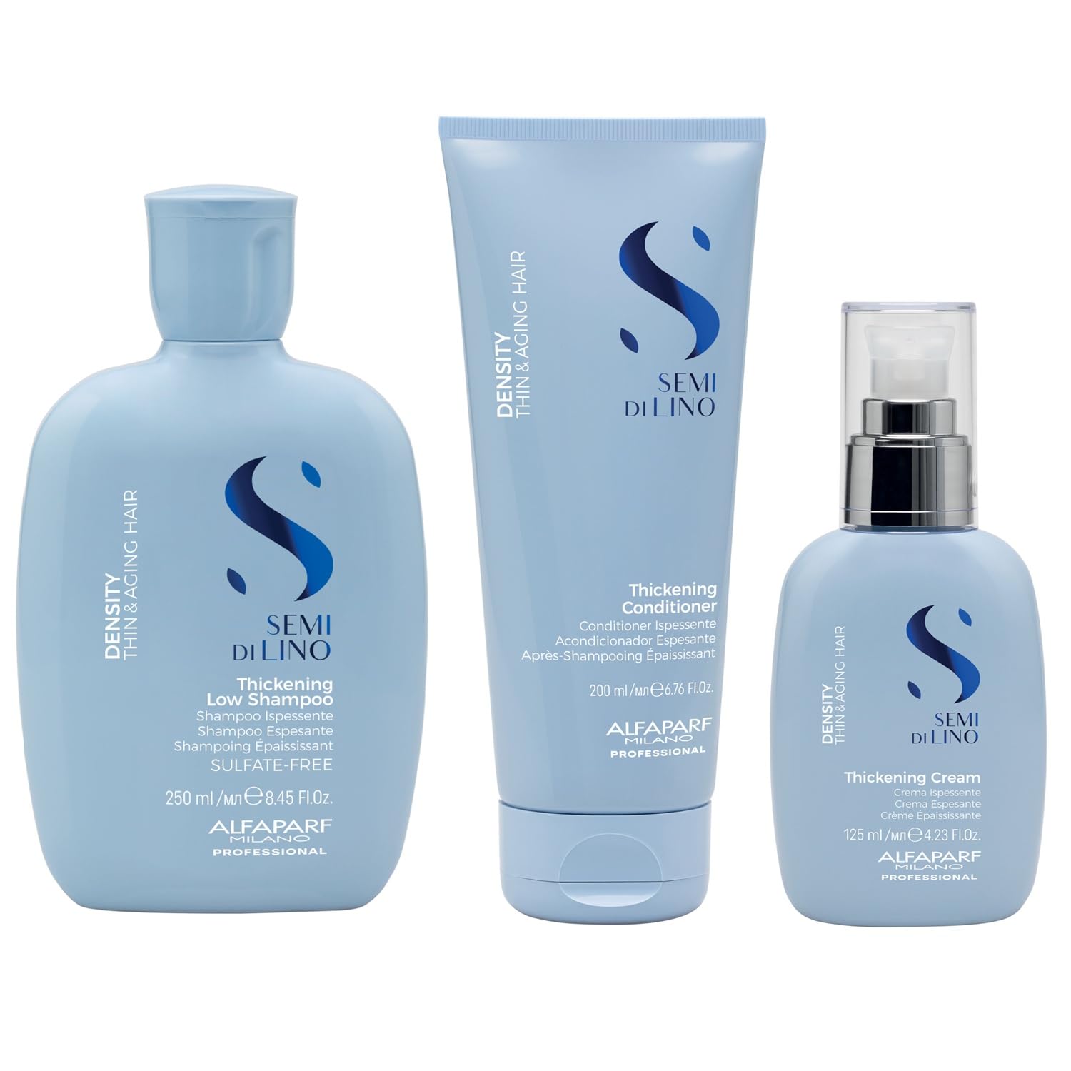Alfaparf Milano Semi di Lino Density Gift Set for Thin and Aging Hair - Thickening Shampoo, Conditioner and Leave-In Volumizing Cream - Sulfate Free
