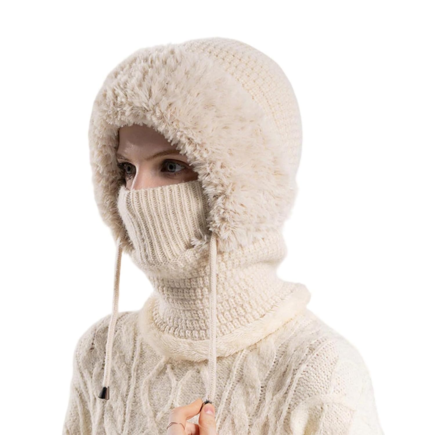 YSINOBEAR 3 in 1 Beanie Hat for Women, Sherpa Hood Ski Mask, 3 in 1 Beanie Hat with Scarf and Mask,Fall Winter Warm Knitted Windproof Balaclava Scarf,Women's Outdoors Windproof Scarf Hat (Beige)