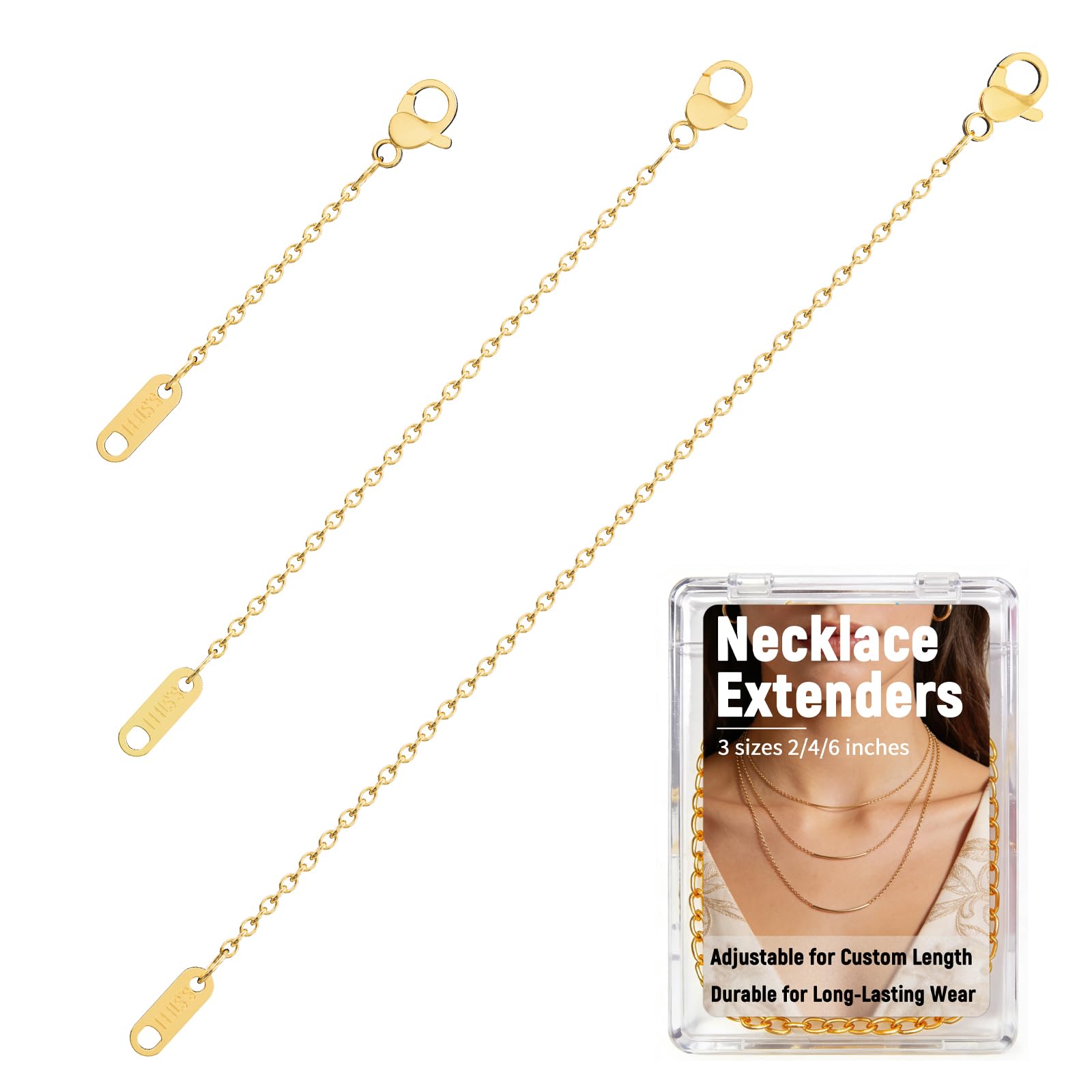 3 Pcs Necklace Extenders for Women, 2" 4" 6" 18k Gold Plated Chain Extenders for Necklaces, Gold Necklaces Bracelet Anklet Extender for Women Jewelry Making,