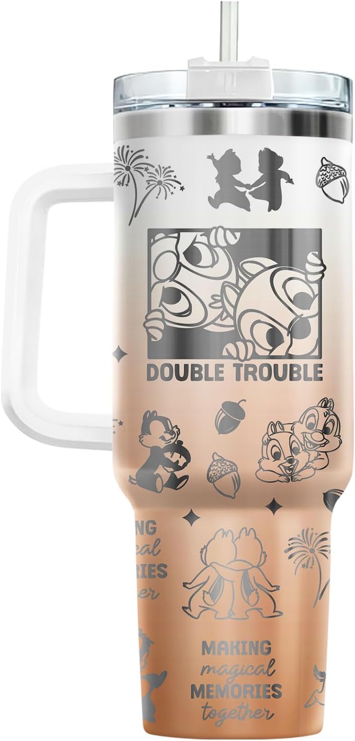 Movie Cartoon Chip & Squirrel Duo Tumbler 40oz with Handle Lid and Straw, Double Trouble Friendship, Stainless Steel Insulated Travel Cup Coffee Water Mug, Gift for Cartoon Fan Best Friends