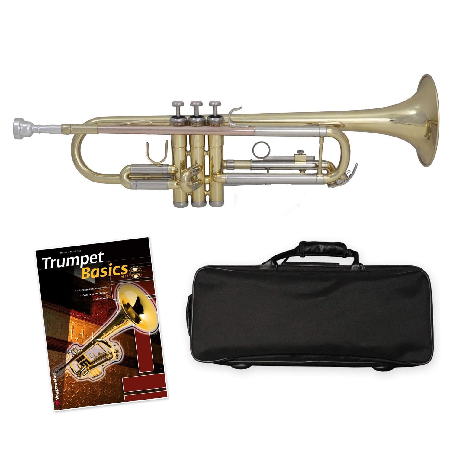 Trompette en sib TTR-171 en laiton - complète avec embouchure, étui, accessoires + méthode de trompette « Trumpet Basics »