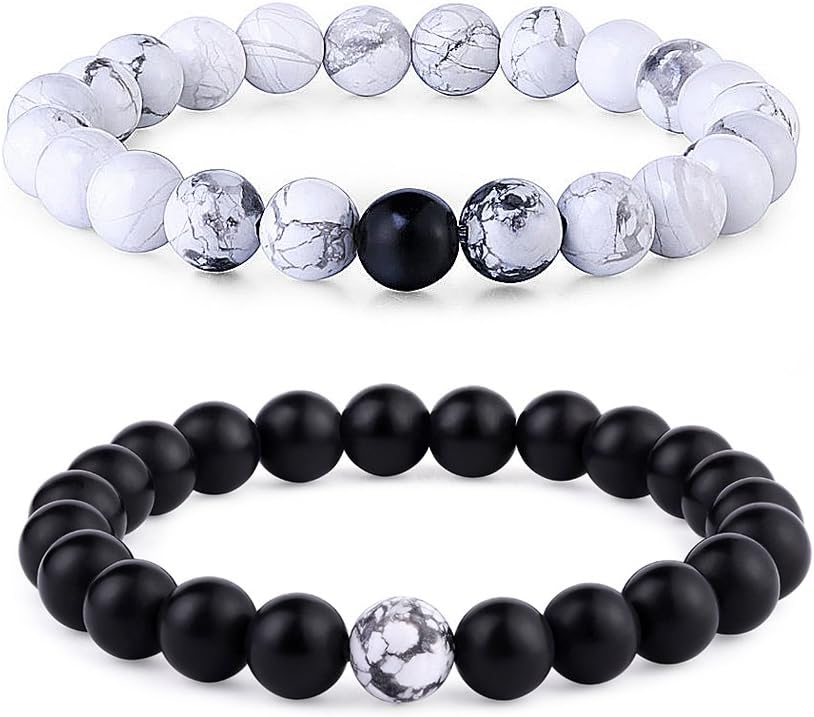 2 Pcs Couple Distance Relationship Bracelets Black Matte Agate & White Howlite Energy Beads Stone Ying Yang Balance Bracelet Banglet for Lovers Touch Bracelets Long Distance Relationship¡