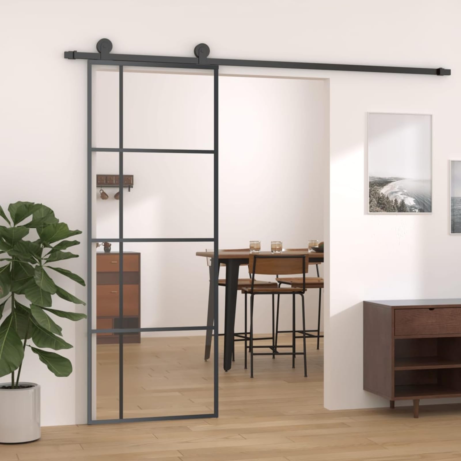 Gecheer Puerta Corredera de Vidrio ESG y Aluminio, Negro y Transparente, 76x205 cm, Puerta para Interior