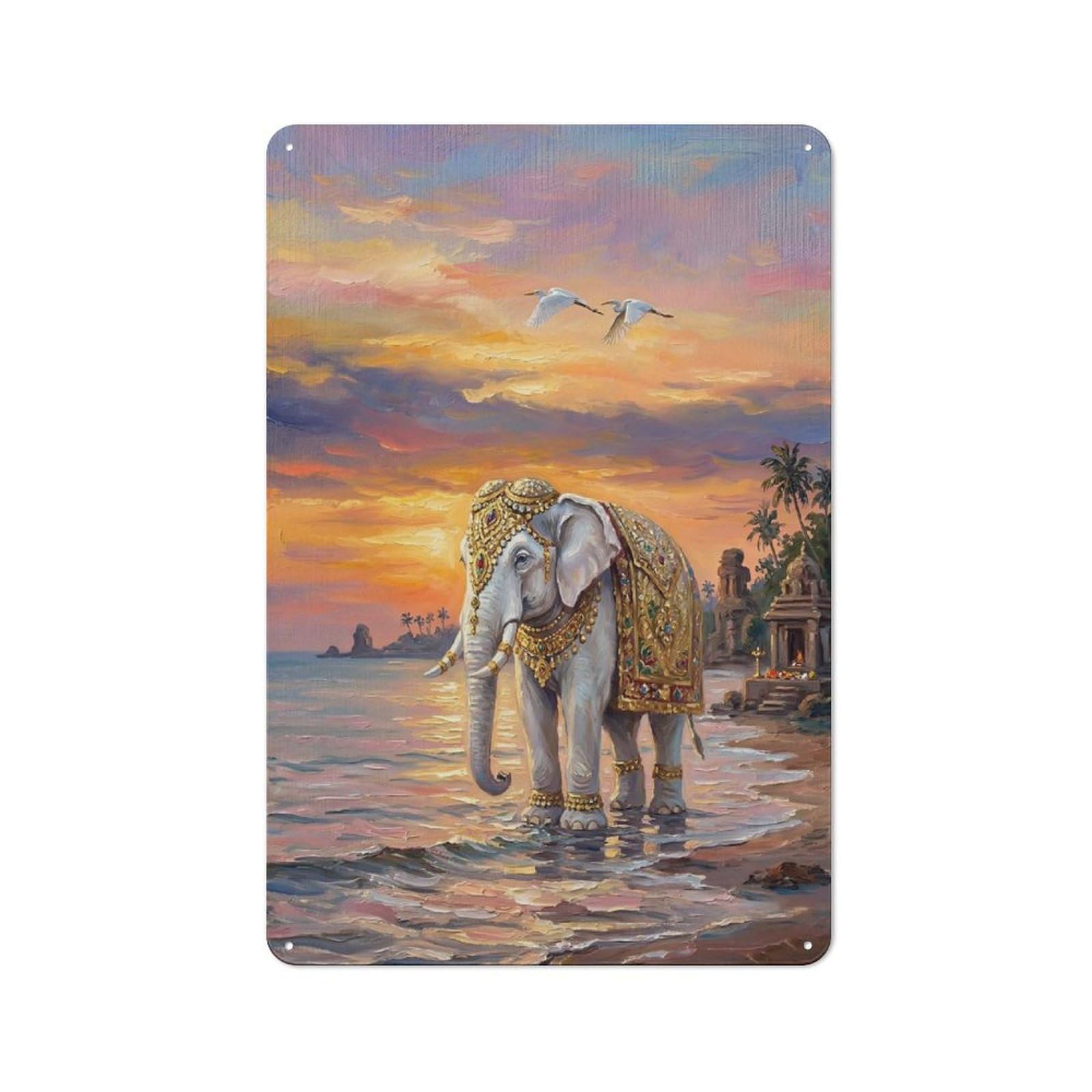 Junmoney Style-2 Tin Wall Plaque 30X20cm With Ornate Elephant By The Sea At Sunset For Home Office Or Studio, For Metal Sign Collectors, For Garage And Workshop Walls