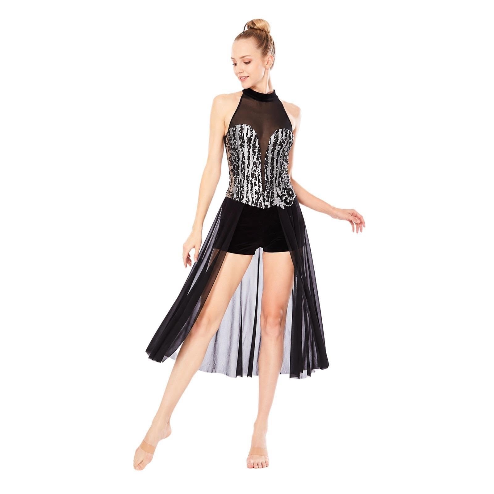 Costume danza donna con paillettes, collo alto e gonna asimmetrica