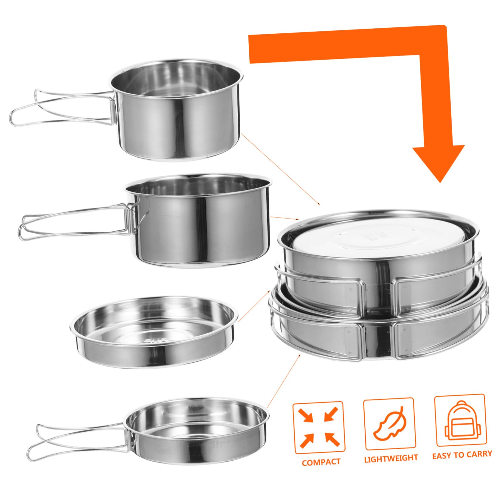 iplusmile Ensemble de Casseroles et Poêles de Camping 4 Pièces en Acier Inoxydable 304 Poignée Pliable, Kit la Cuisine D'extérieur Léger et Portable pour Randonnée, Camping et Trekking