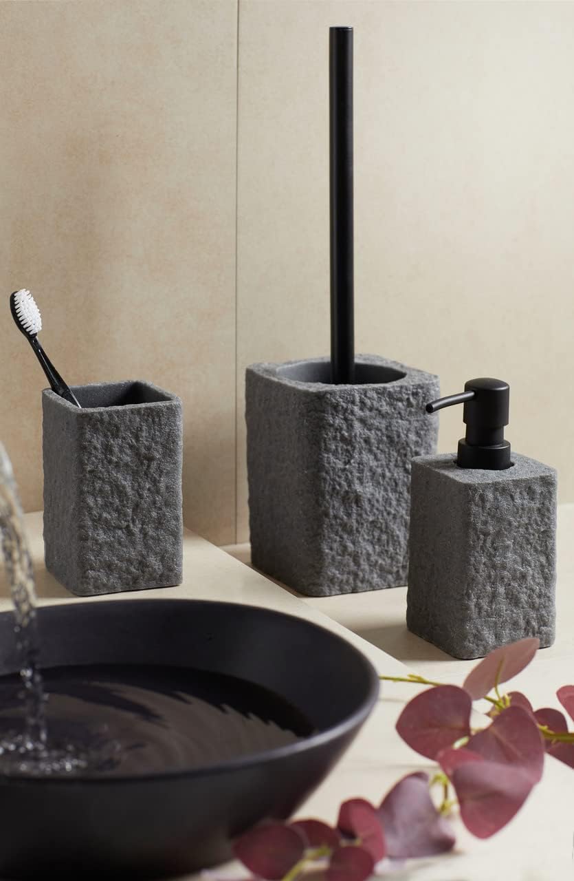 WENKO Bathroom Accessory Set Villata 2-Piece Refillable Soap Dispenser 7 x 15 x 7 cm Capacity 300 ml Elegant Toothbrush Cup 7.5 x 11 x 7.5 cm Natural Stone Look Made of High-Quality Polyresin in Grey