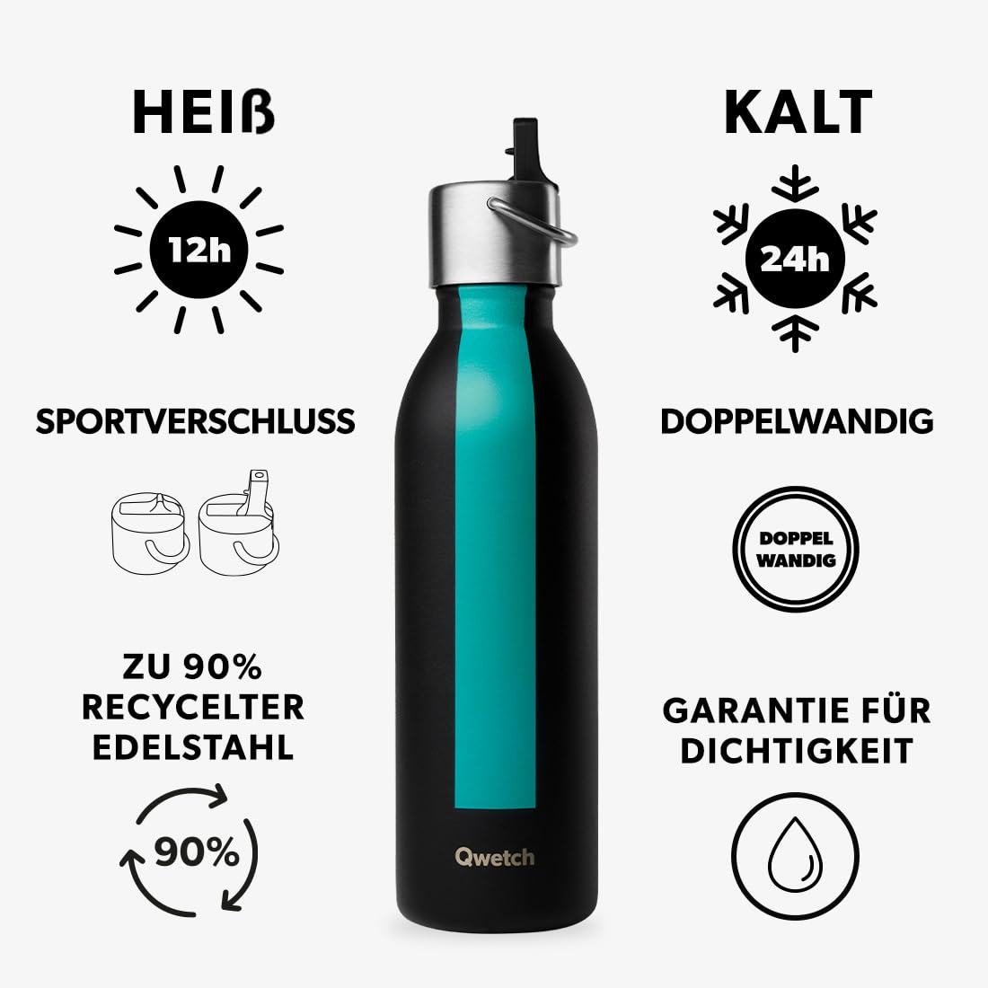 Qwetch - Trinkflasche 600 ml Edelstahl Schwarz Sport Serie - Thermosflasche aus 90% recyceltem Inox mit Sportverschluss - 24h Kalt & 12h Heiß - Isolierflasche, Auslaufsicher, BPA-frei & Kompakt