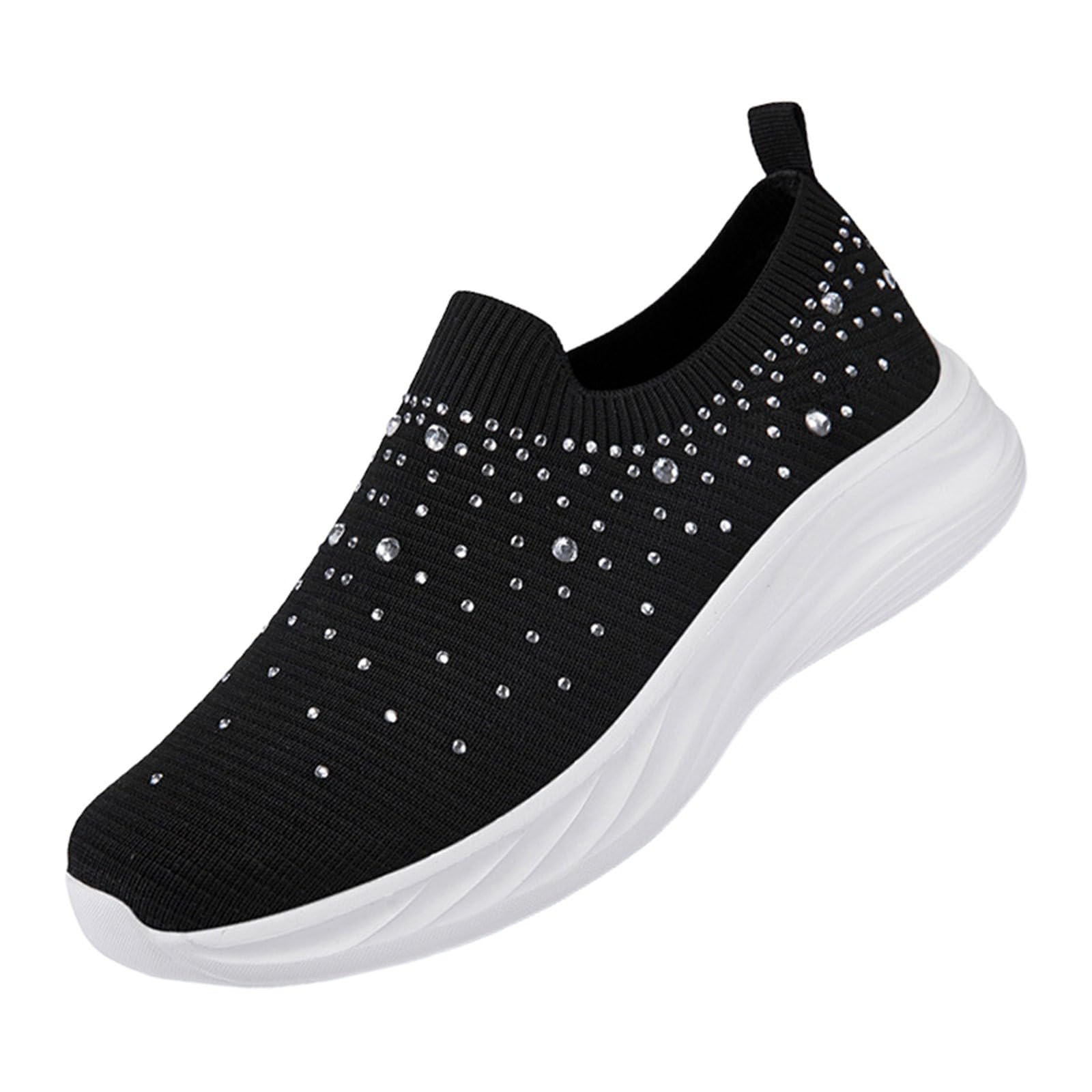Damskie buty sportowe Y2K Sparkly Slip on Stretch, dzianinowe skarpety trampki z detalami ze strasu, na wieczorne spacery i spacery po mieście