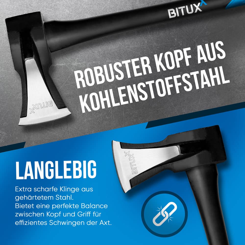 BITUXX Spaltaxt Spaltbeil Axt Beil Spalthammer Spaltkeil Fiberglas Forst Set - Die Perfekten Werkzeuge für Garten und Wald (Beil 600g + Spaltaxt 1000g)