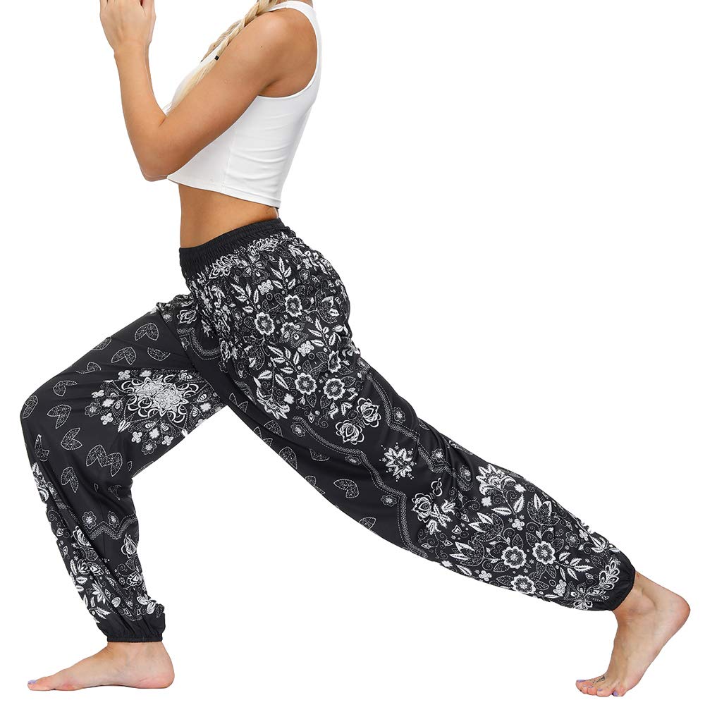 Nuofengkudu Pantaloni Harem Estivi Thai Aladin Stile Boho Vintage Stampa Vita Alta con Tasconi Yoga Pants Beach